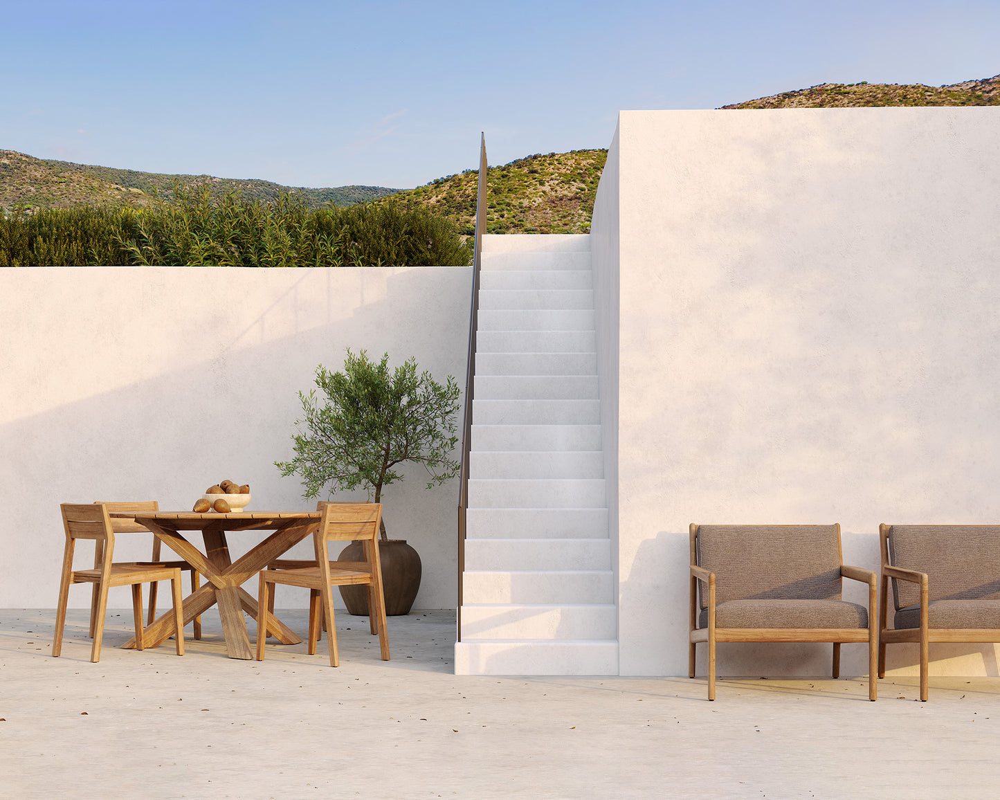 Teak-EX-1-Outdoor-chair-Teak-Circle-Outdoor-dining-table-Teak-Jack-outdoor-sofa-mocha-Goode-Studio