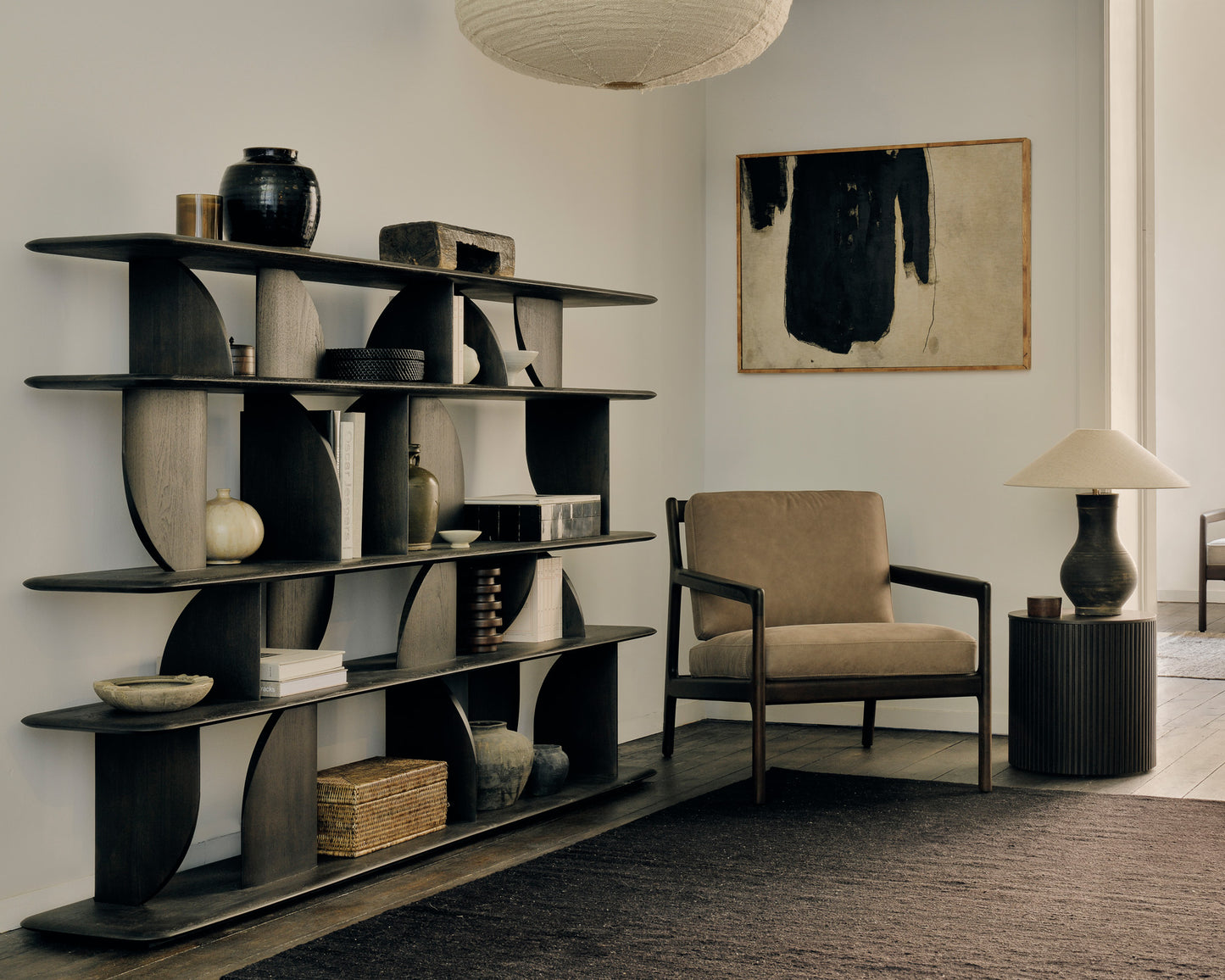 Geometric-rack-Jack-lounge-chair-Terra-nubuck-Roller-Max-sidetable-rug-Goode-Studio