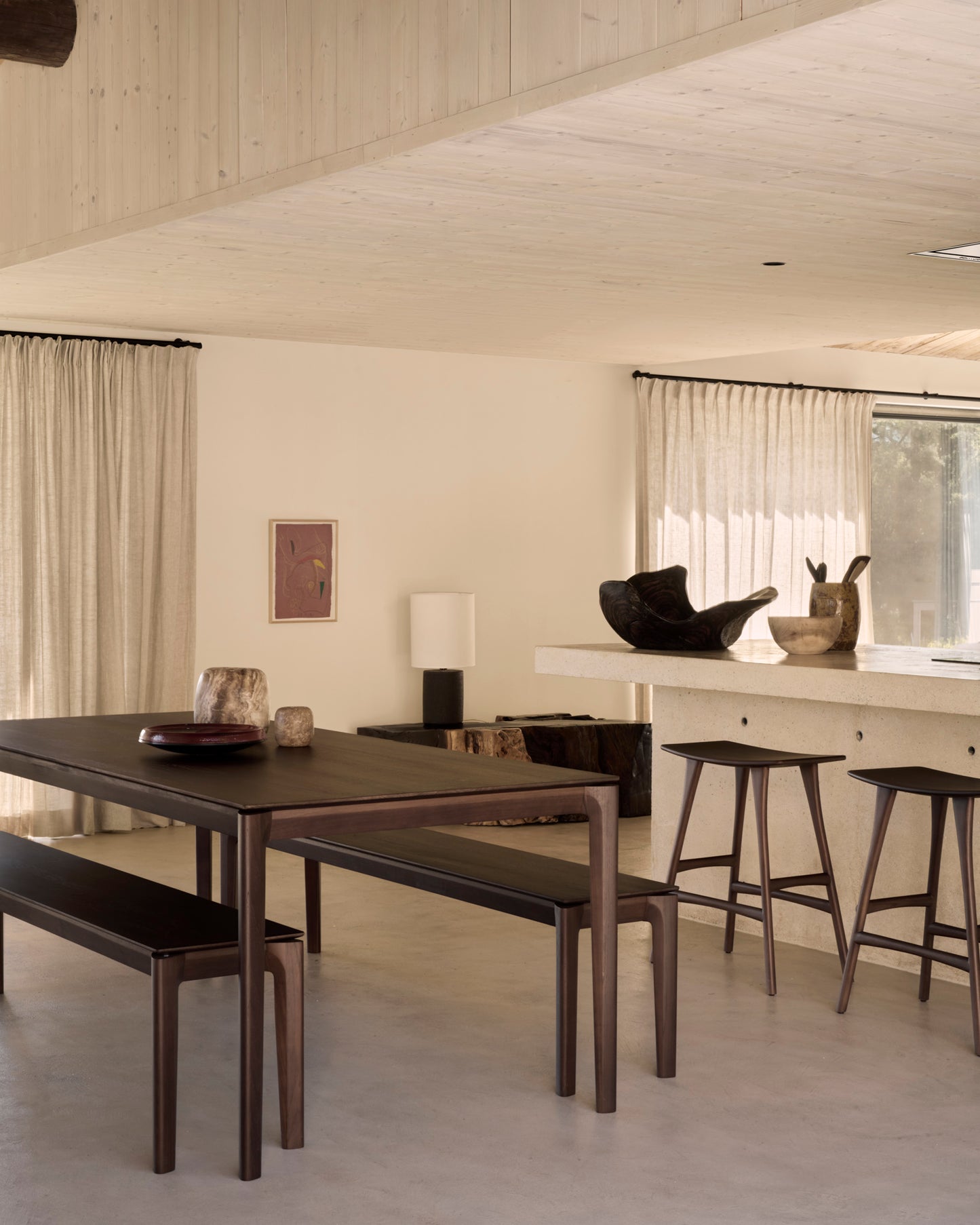 Bok-dining-table-teak-brown-Bok-bench-teak-brown-Osso-counter-stool-teak-brown-Goode-Studio
