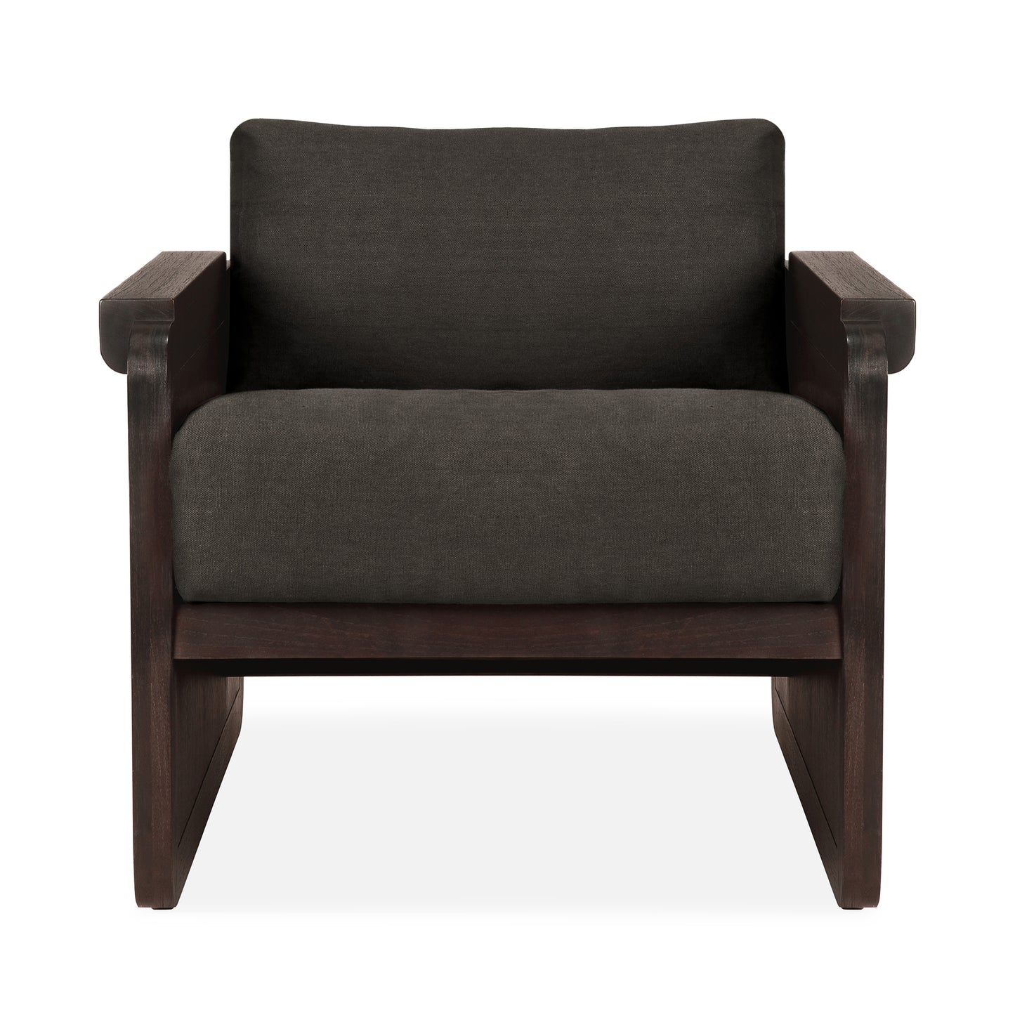Panel-lounge-chair-varnished-teak-Dark-Brown-rattan-roasted-Grey-Linen-fabric-front-cut-Goode-Studio