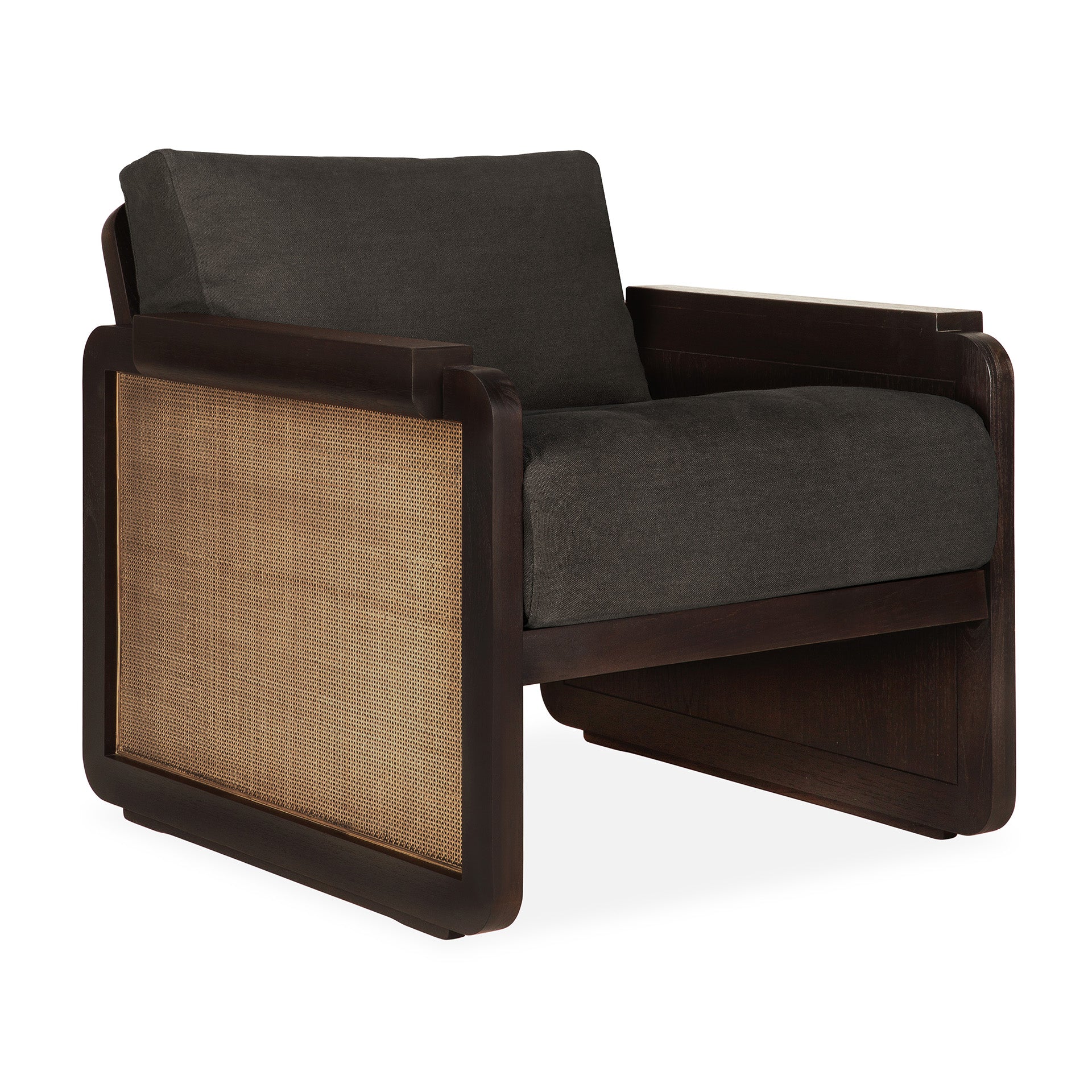 Panel-lounge-chair-varnished-teak-Dark-Brown-rattan-roasted-Grey-Linen-fabric-side-cut-Goode-Studio