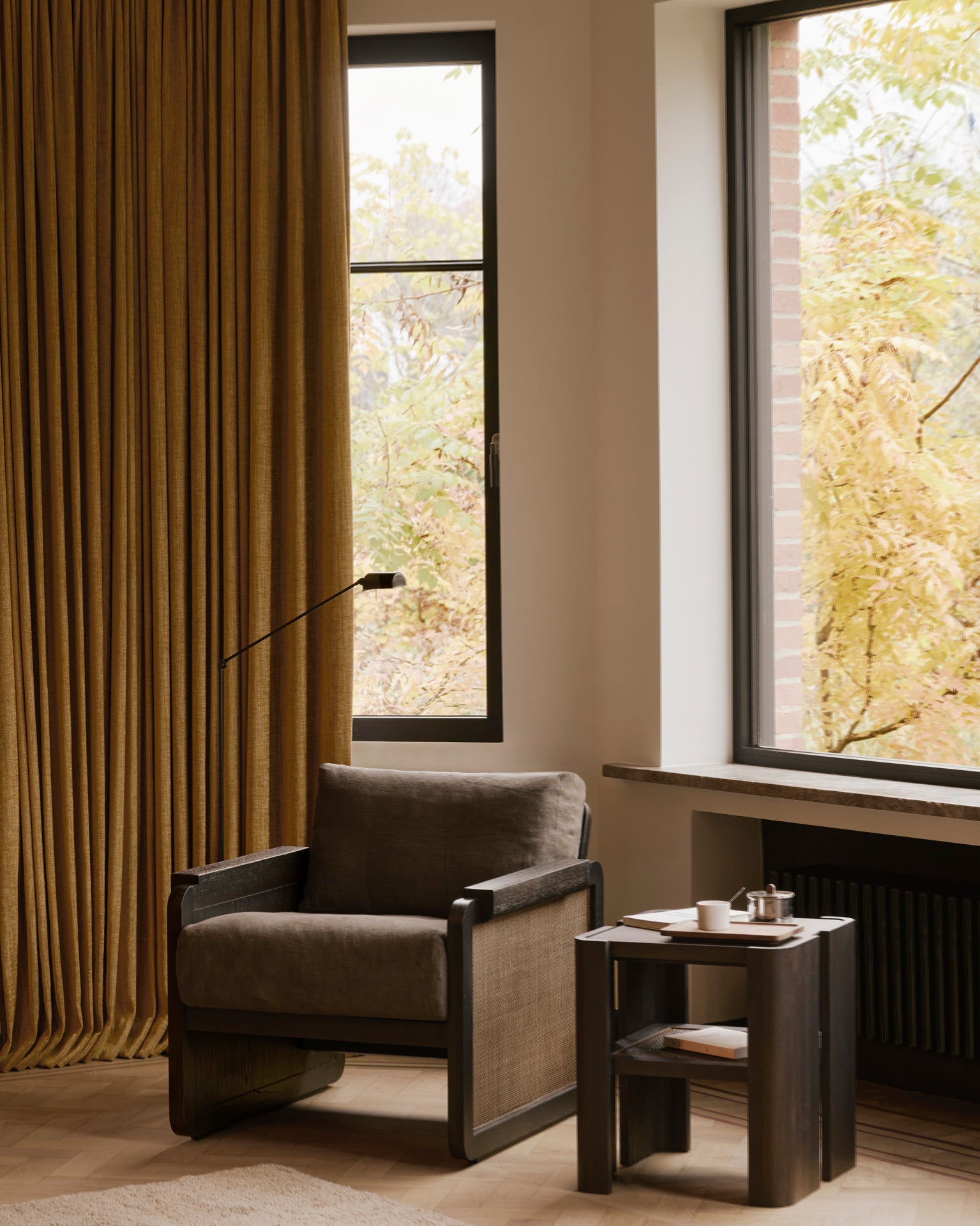 Panel-lounge-chair-varnished-teak-dark-brown-rattan-roasted-Grey-linen-10766-Panel-side-table-varnished-teak-Roasted-square-lights-off-Goode-Studio