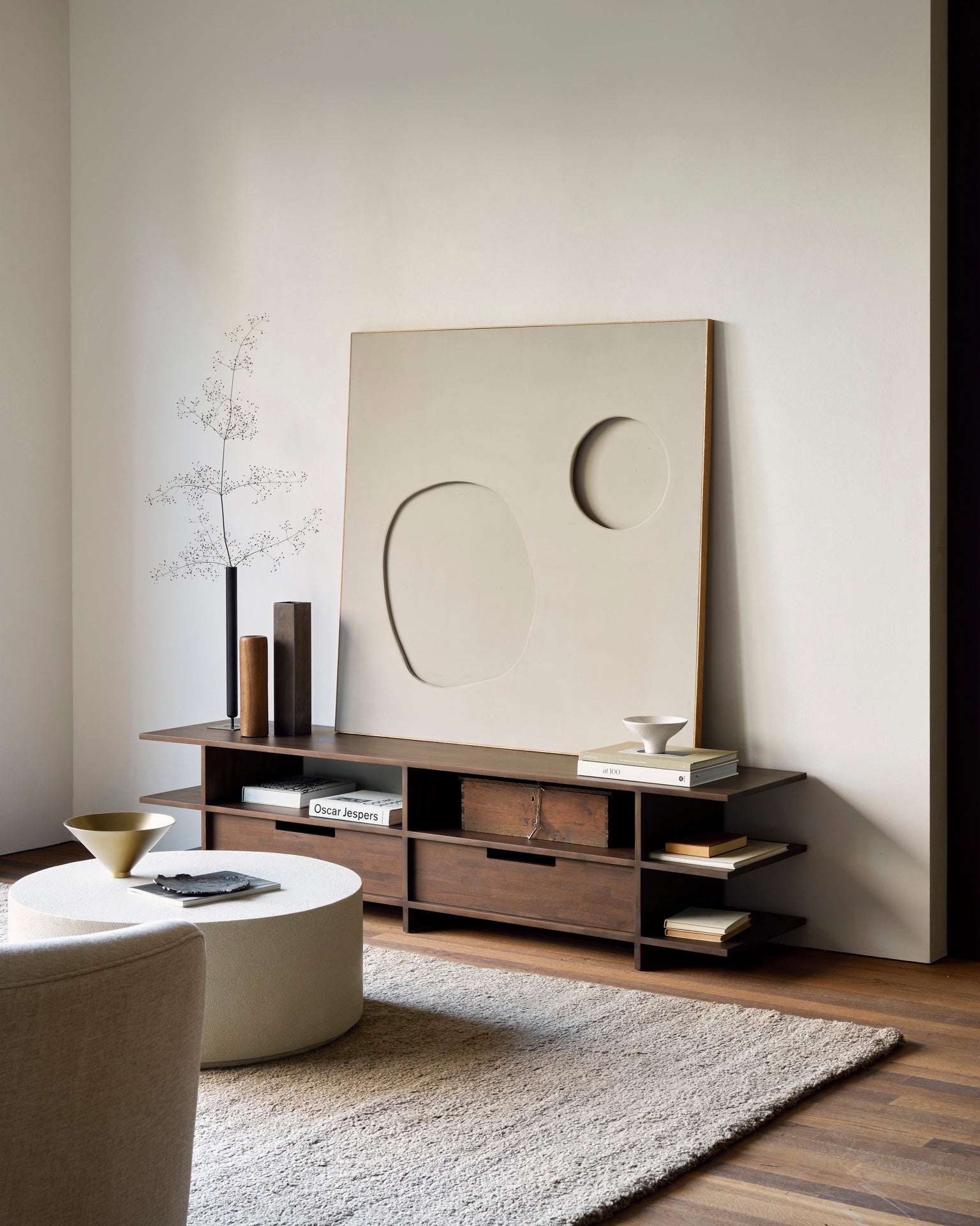 Kabuki-TV-cupboard-varnished-teak-brown-Elements-coffee-table-Dunes-rug-cumin-Goode-Studio