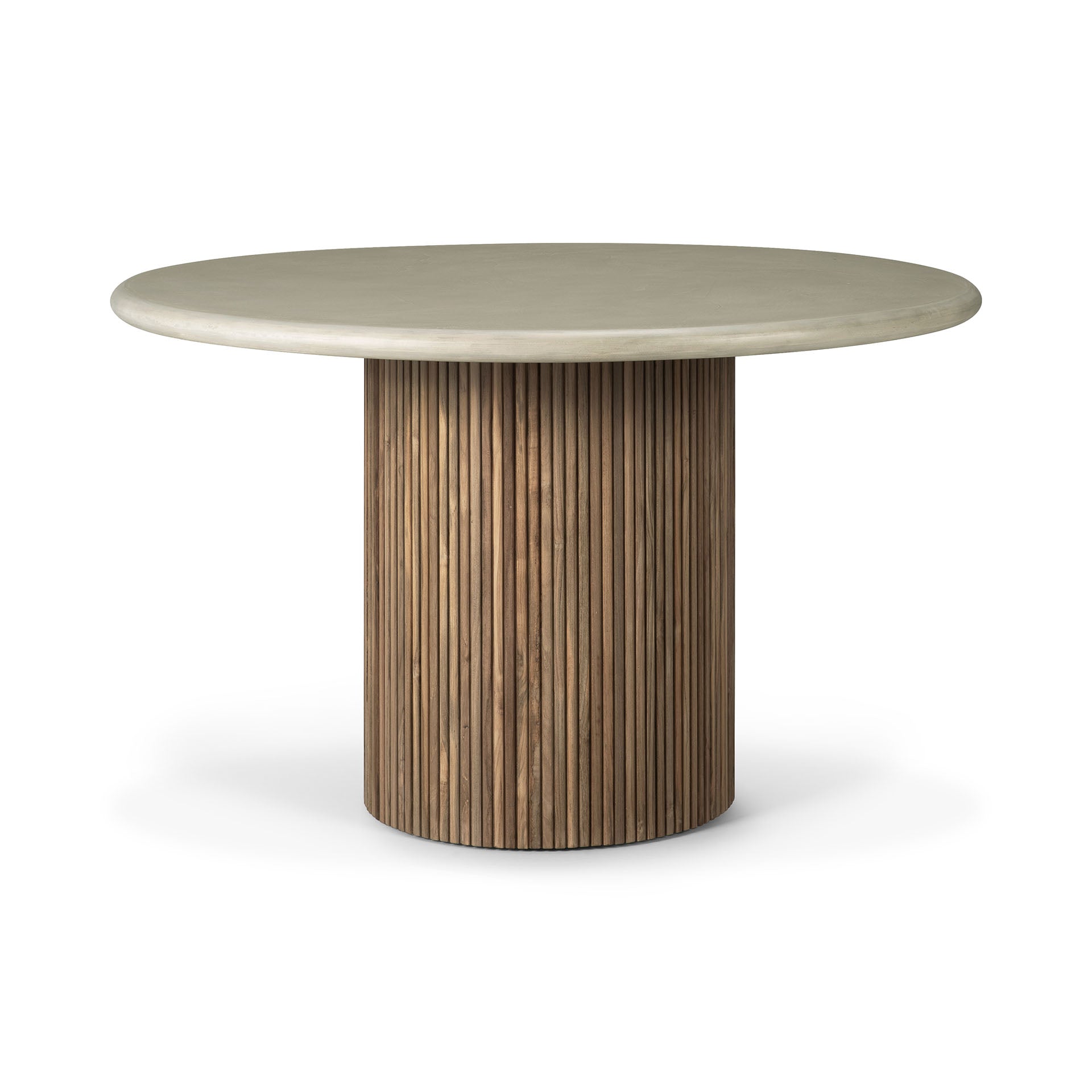 Roller-Max-outdoor-dining-table-concrete-top-reclaimed-teak-base-Light-Grey-round-Goode-Studio