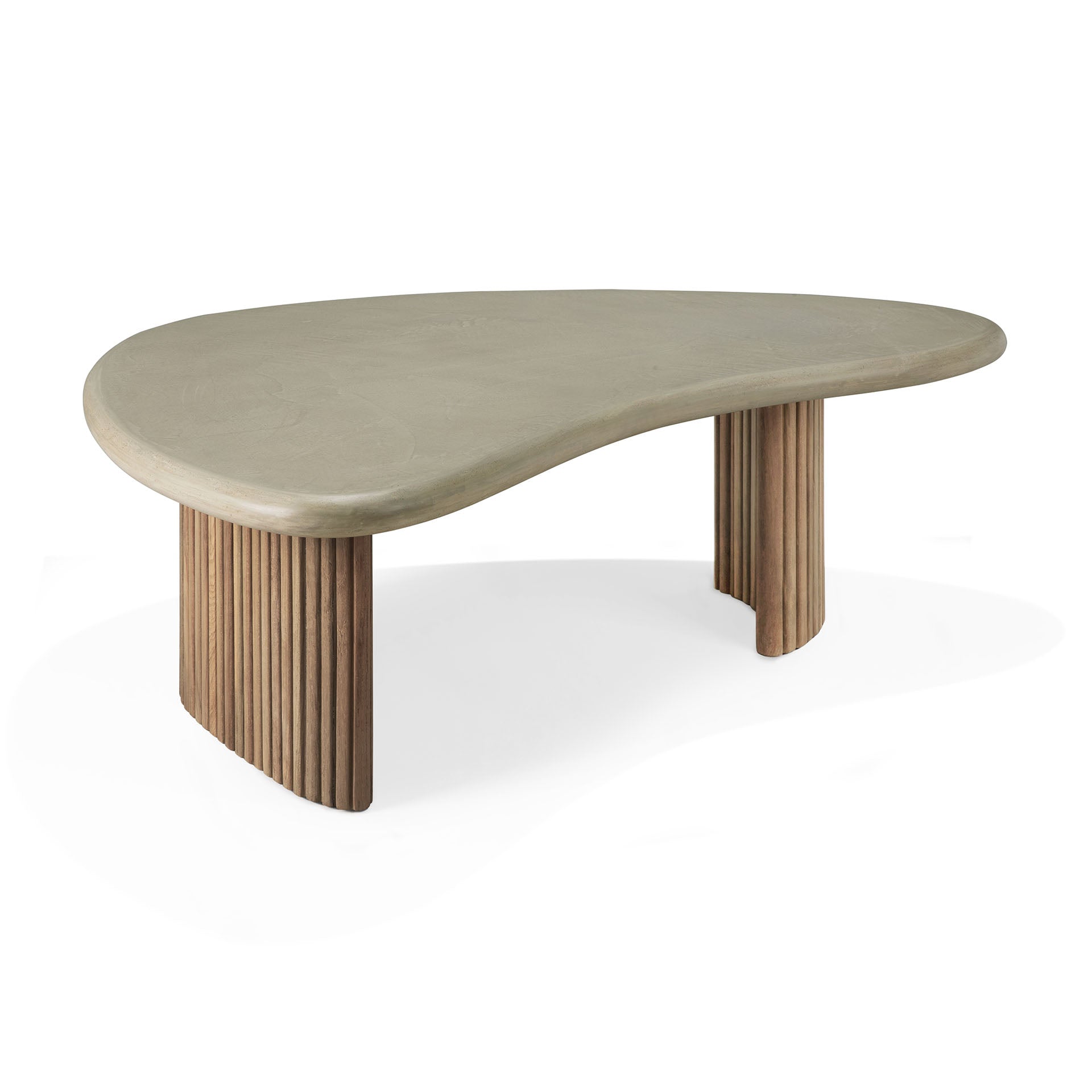 Boomerang-outdoor-coffee-table-concrete-top-reclaimed-teak-base-Light-Grey-pebble-shape-front-cut-Goode-Studio