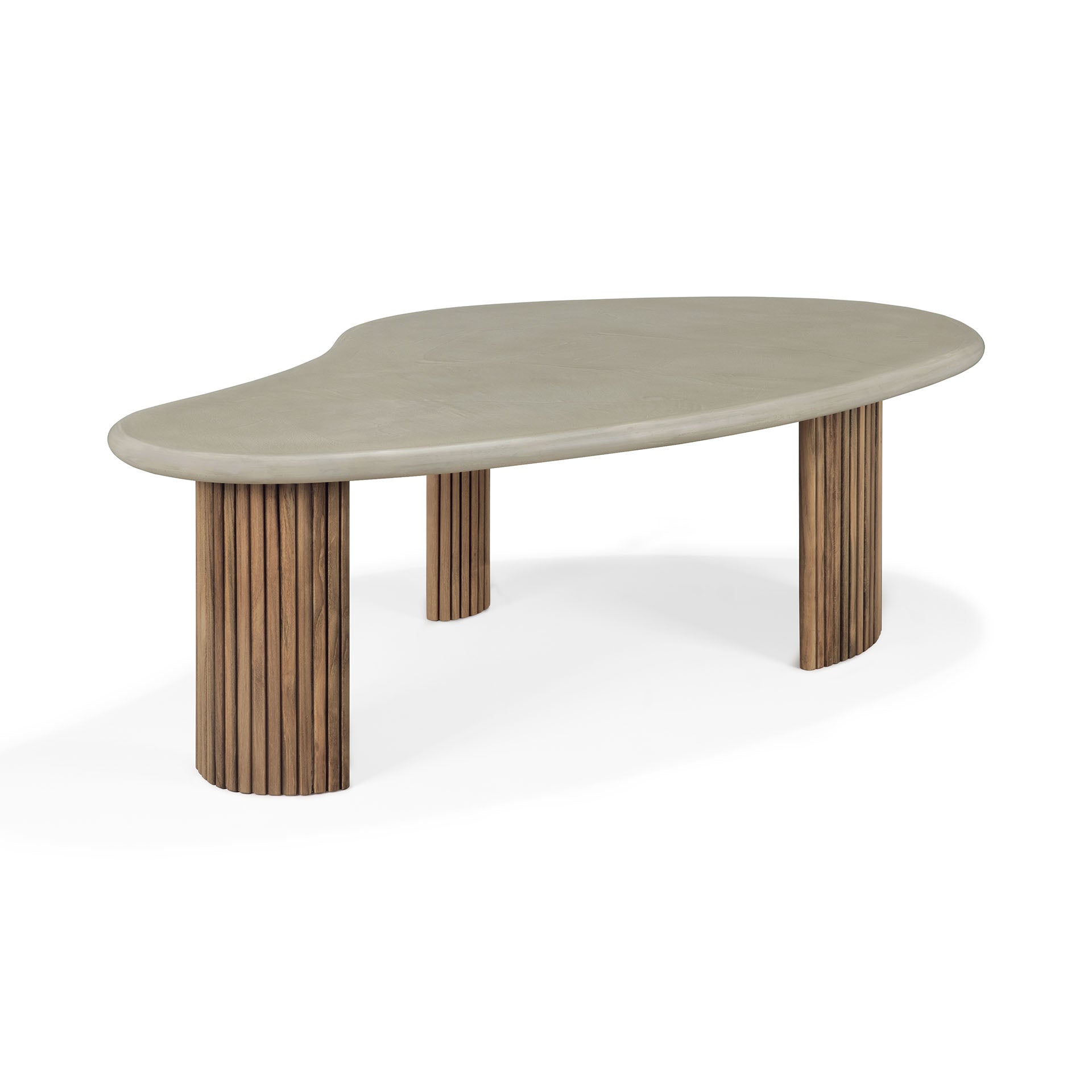 Boomerang-outdoor-coffee-table-concrete-top-reclaimed-teak-base-Light-Grey-pebble-shape-profile-cut-Goode-Studio