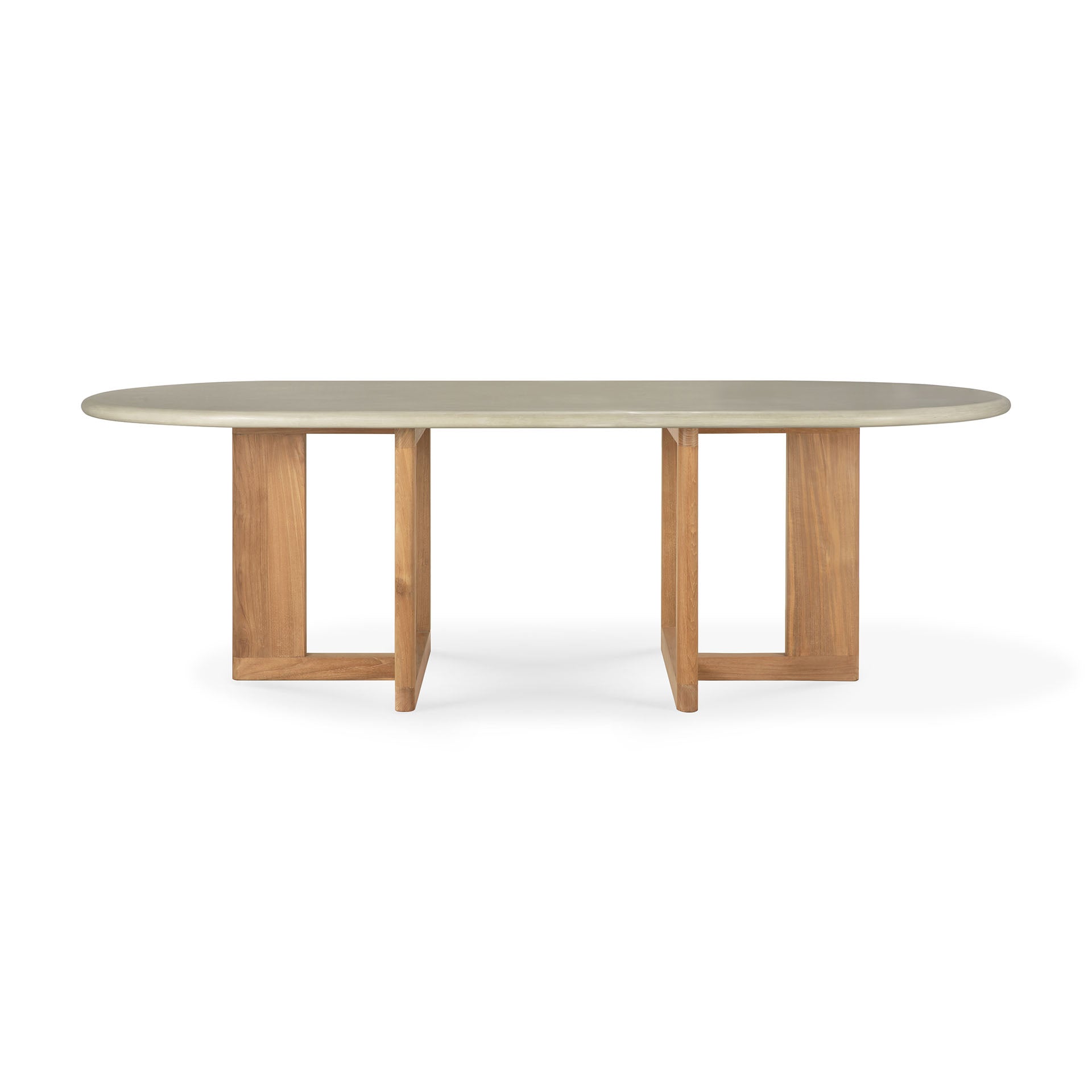 Trestle-outdoor-dining-table-concrete-top-reclaimed-teak-base-Light-Grey-oval-front-cut-Goode-Studio
