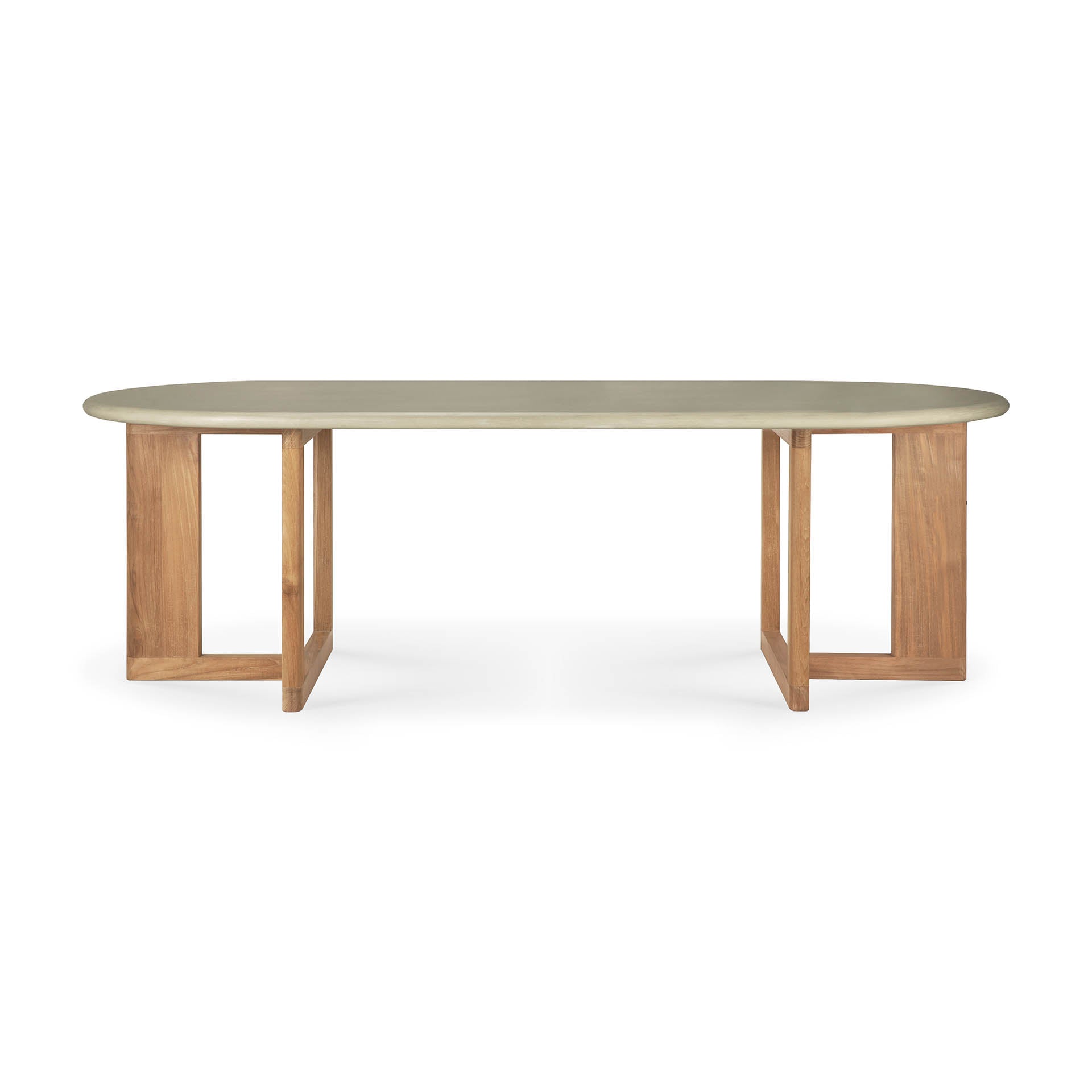 Trestle-outdoor-dining-table-concrete-top-reclaimed-teak-base-Light-Grey-oval-profile-cut-Goode-Studio