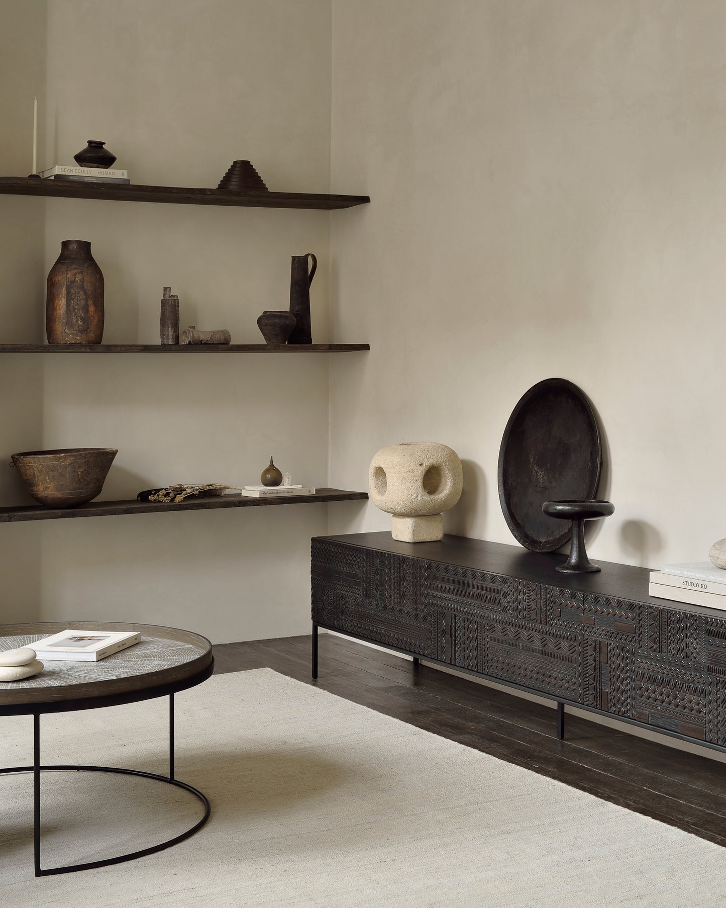 Teak-Tabwa-TV-cupboard-Sand-Nomad-kilim-rug-White-Slice-wooden-tray-Round-tray-coffee-table-set-Goode-Studio