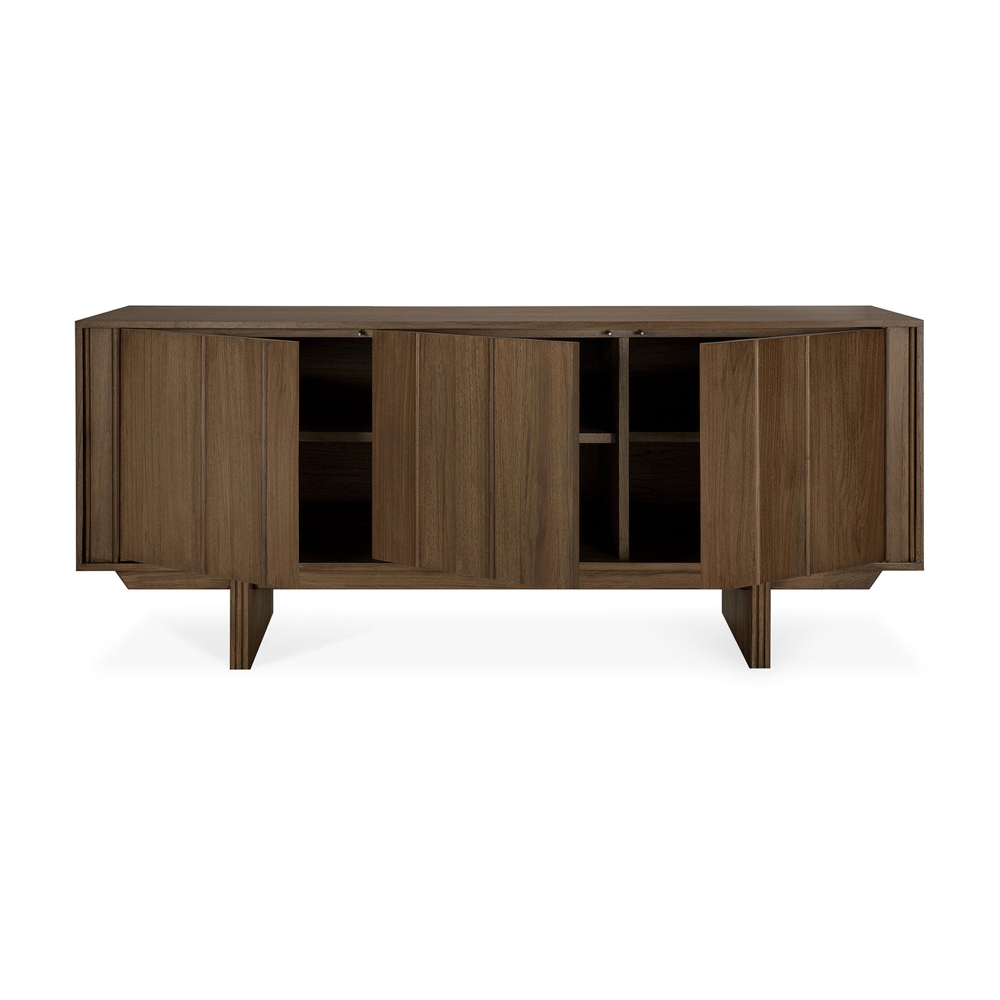 Pillar sideboard-varnsihed-teak-Wild-Brown-3-doors-open-cut-Goode-Studio
