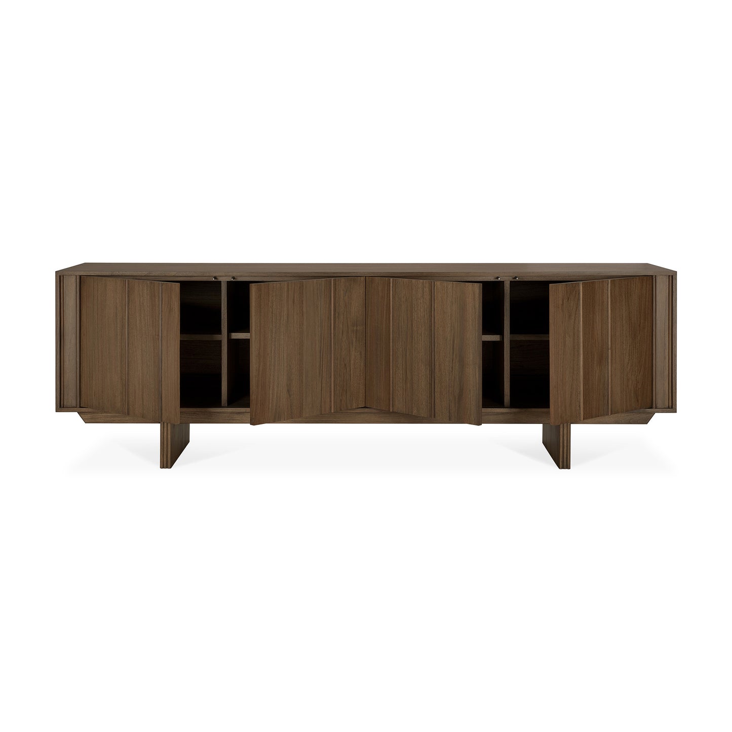 Pillar sideboard-varnished-teak-Wild-Brown-4-doors-open-cut-Goode-Studio