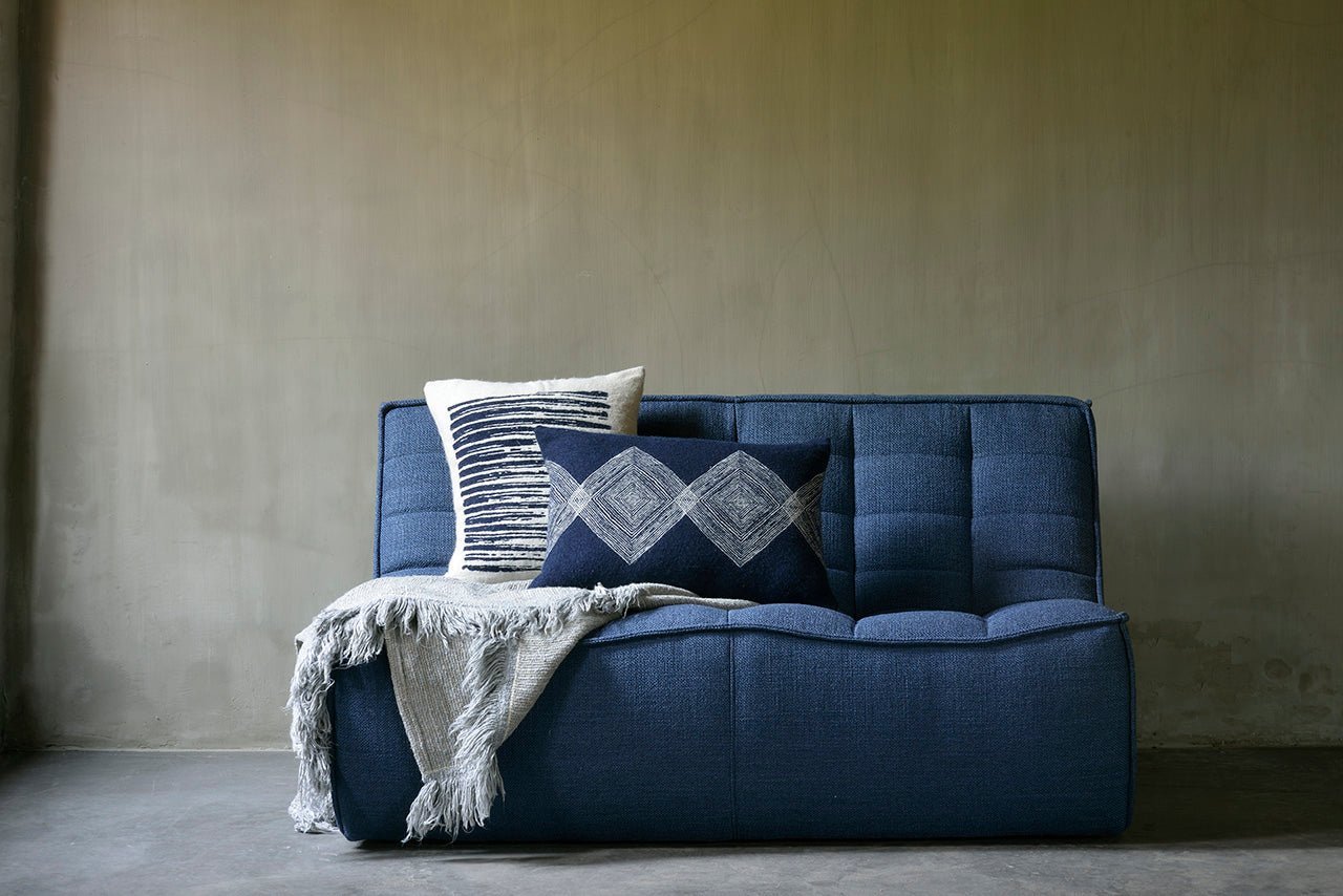 N701-sofa-2seater-blue-Oat-Alpone-throw-White-Lines-cushion-Navy-Linear-Diamonds-cushion-Front-Goode-Studio