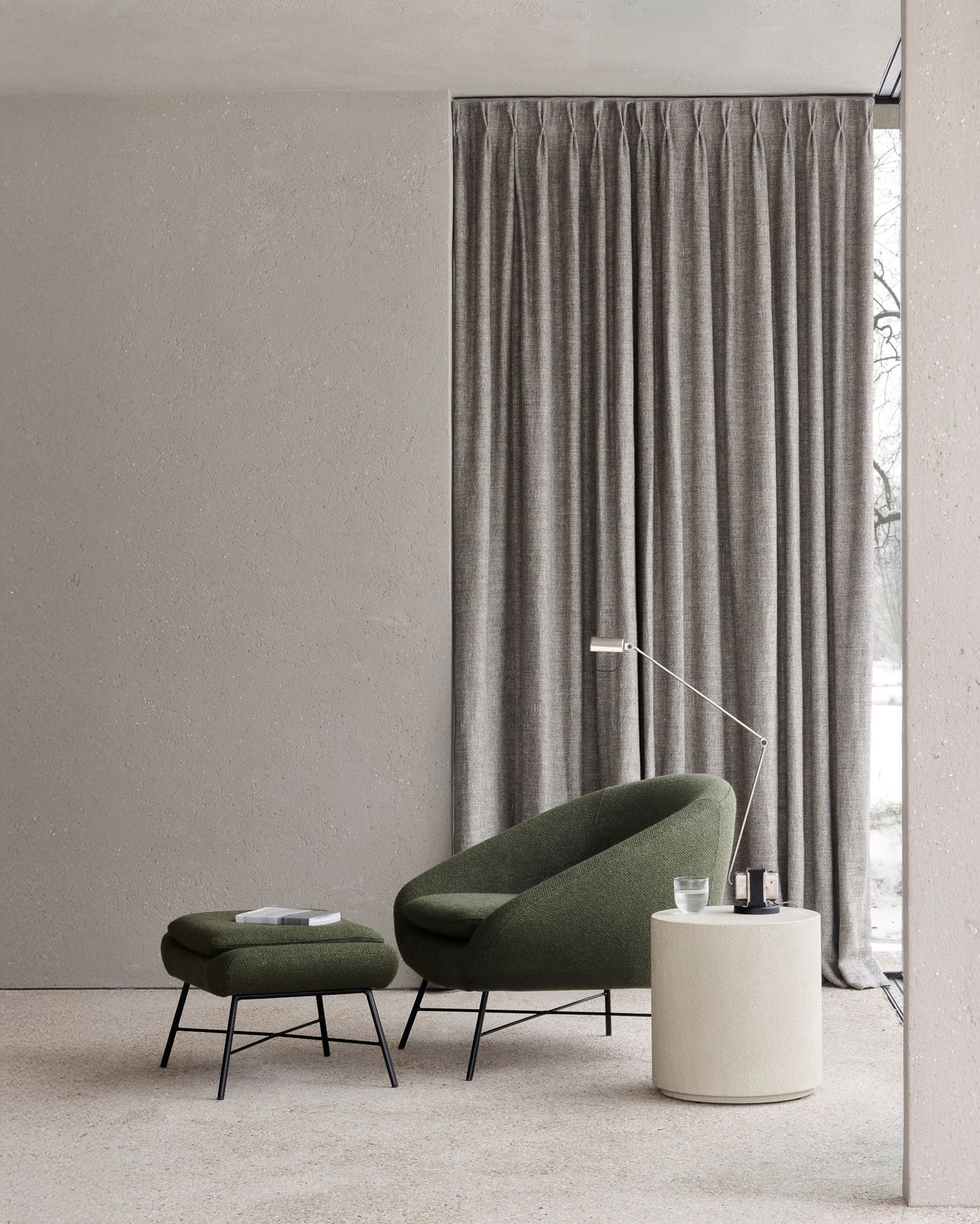 Barrow-lounge-chair-Pine-Green-footstool-Elements-side-table-varnished-Microcement-Off-White-Goode-Studio