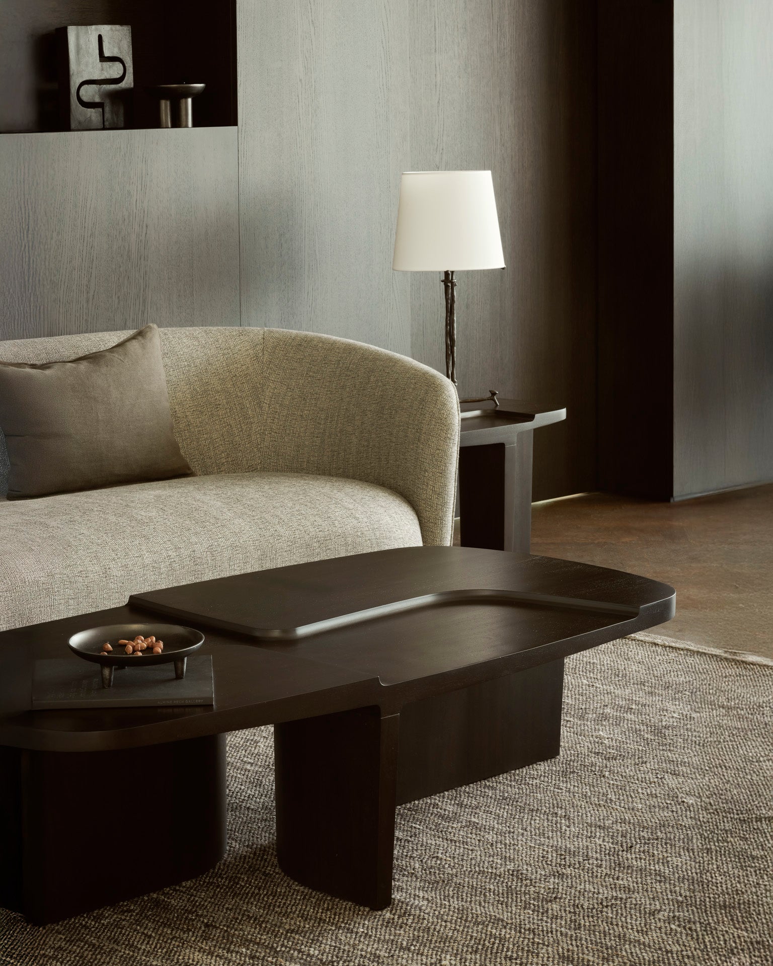 Ellipse-sofa-Ash-Brutalist-side-table-Rose-Brown-Brutalist-coffee-table-Rose-Brown-Dots-kilim-rug-Goode-Studio