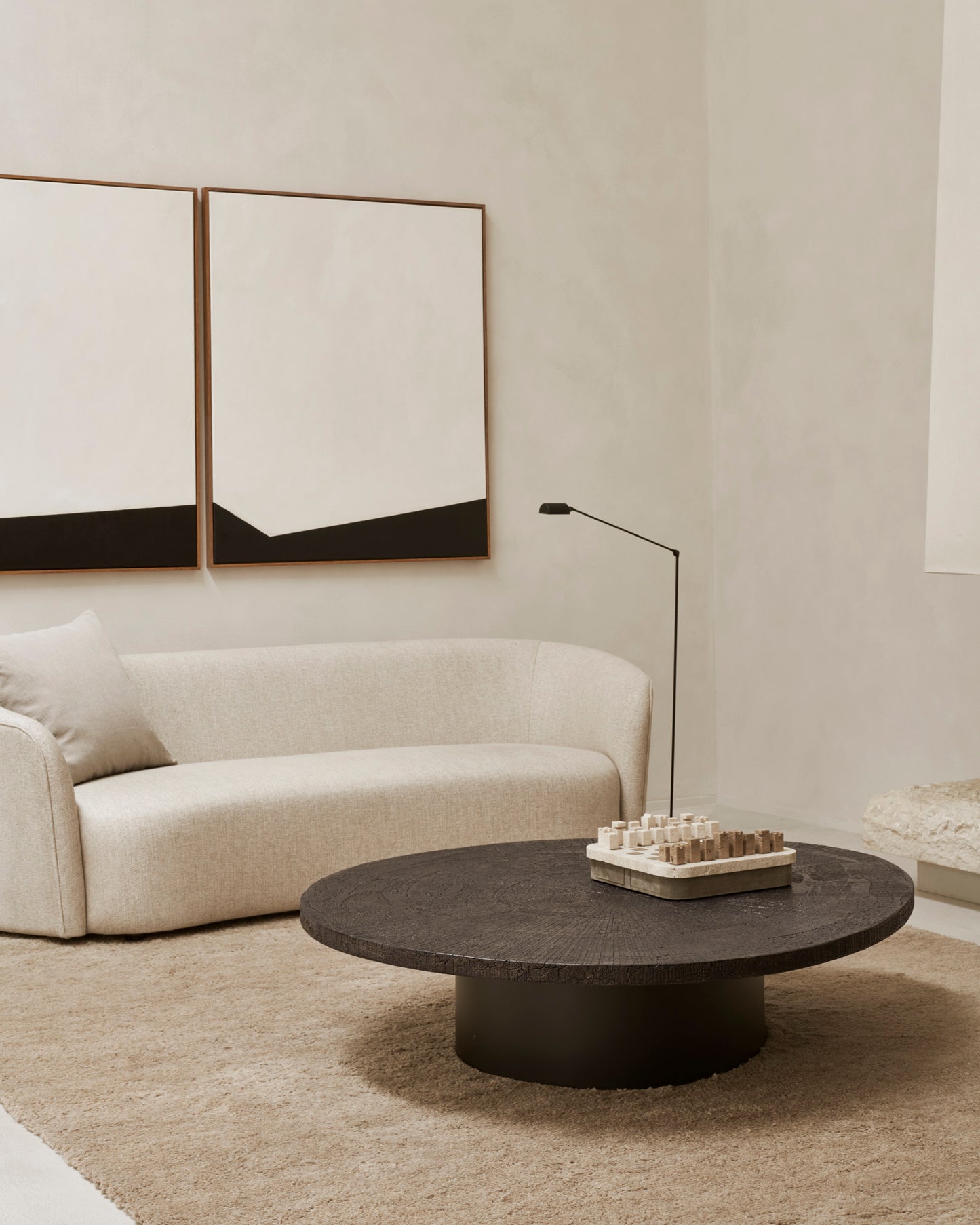 Ellipse-sofa-oatmeal-Slice-coffee-table-Dunes-rug-cumin-Abstract-cushion-Goode-Studio