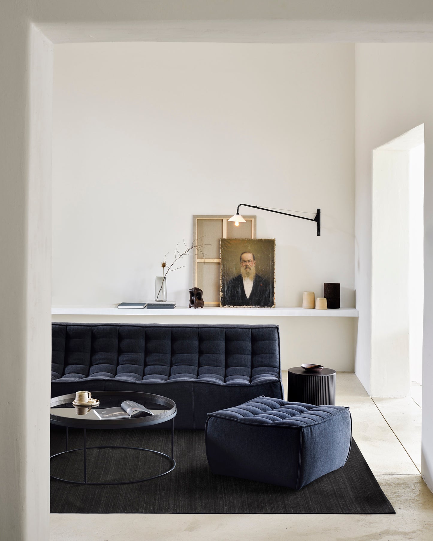 Sofa-N701-3seater-footstool-graphite-Mahogany-Roller-Max-round-side-table-Organic-sculpture-Round-tray-coffee-table-Goode-Studio
