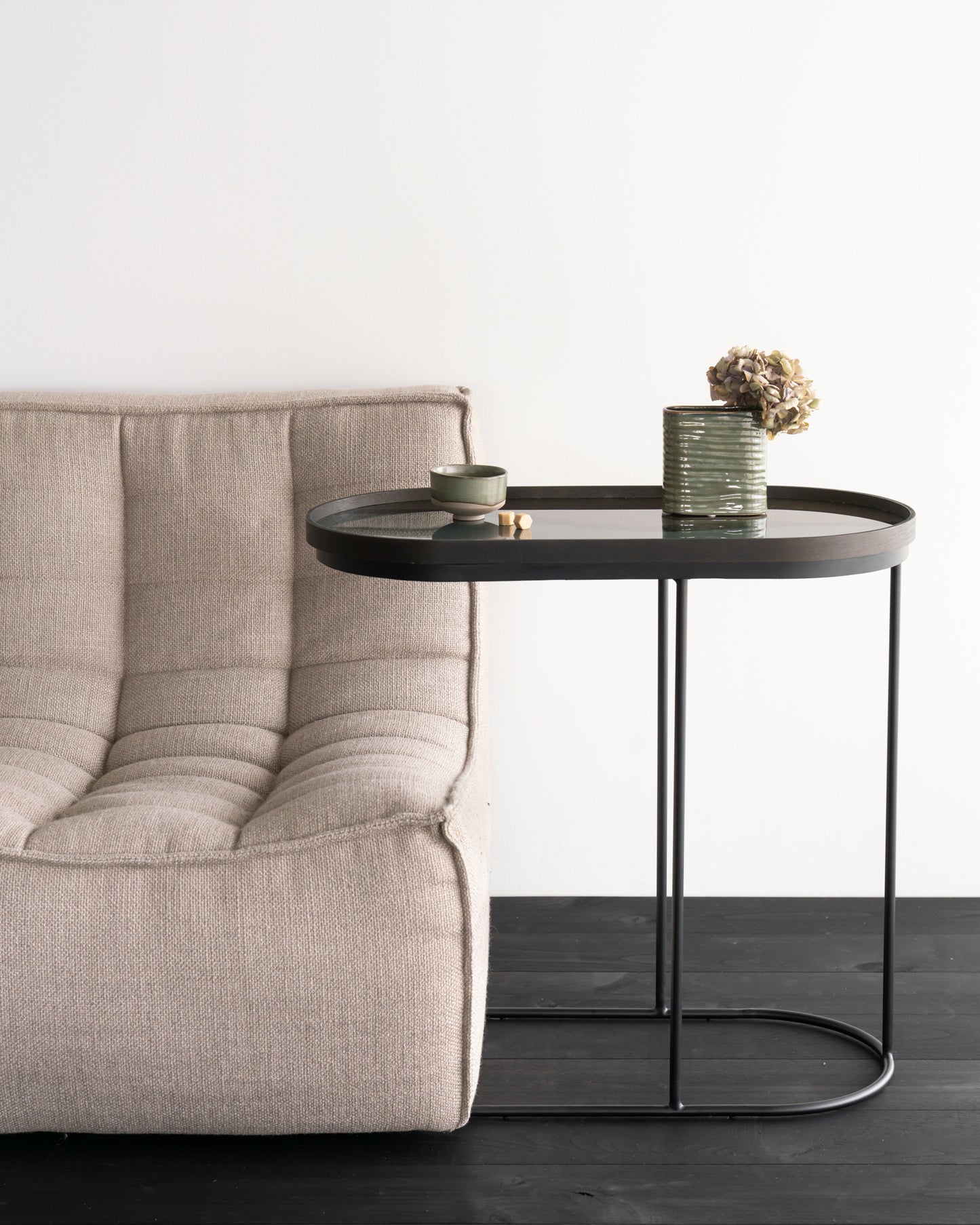 N701-sofa-2seater-beige-Oblong-tray-side-table-Graphite-Wabi-Sabi-glass-tray-oblong-Goode-Studio