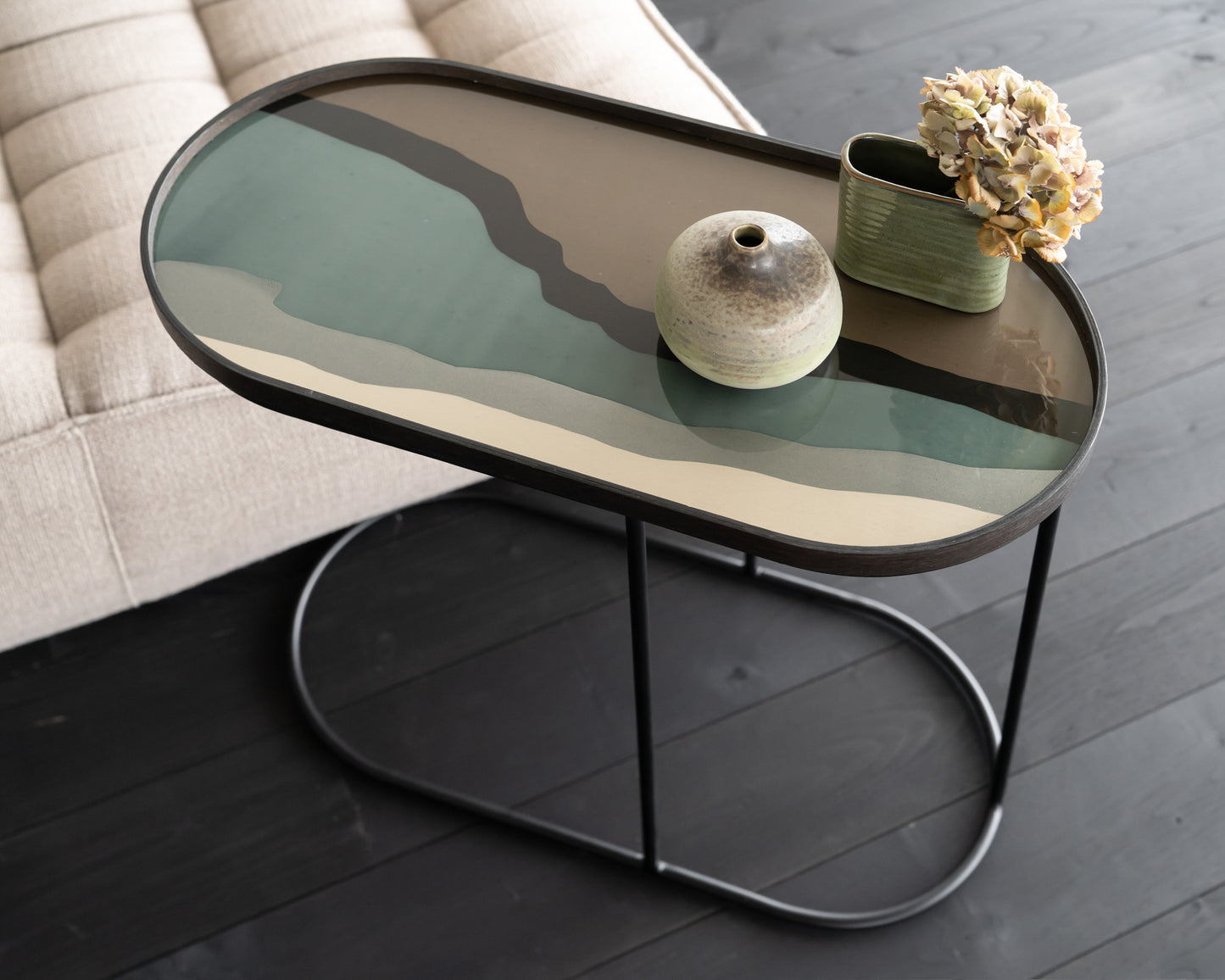 N701-sofa-2seater-beige-Oblong-tray-side-table-Graphite-Wabi-Sabi-glass-tray-oblong-Goode-Studio