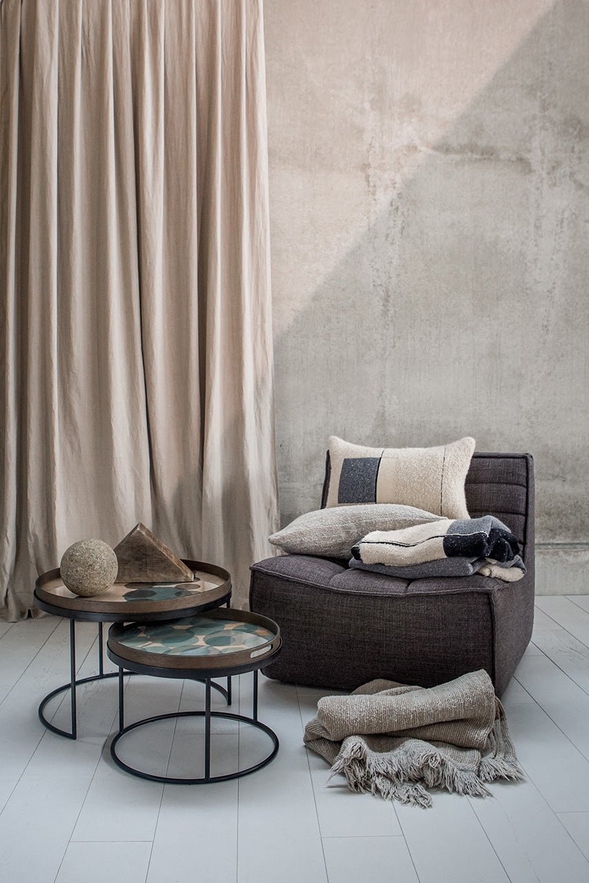 DarkGrey-1SeaterN701Sofa-RoundTrayTableSet-UrbanCushion-UrbanThrow-ConnectedDots-SlateLayeredDots-Goode-Studio