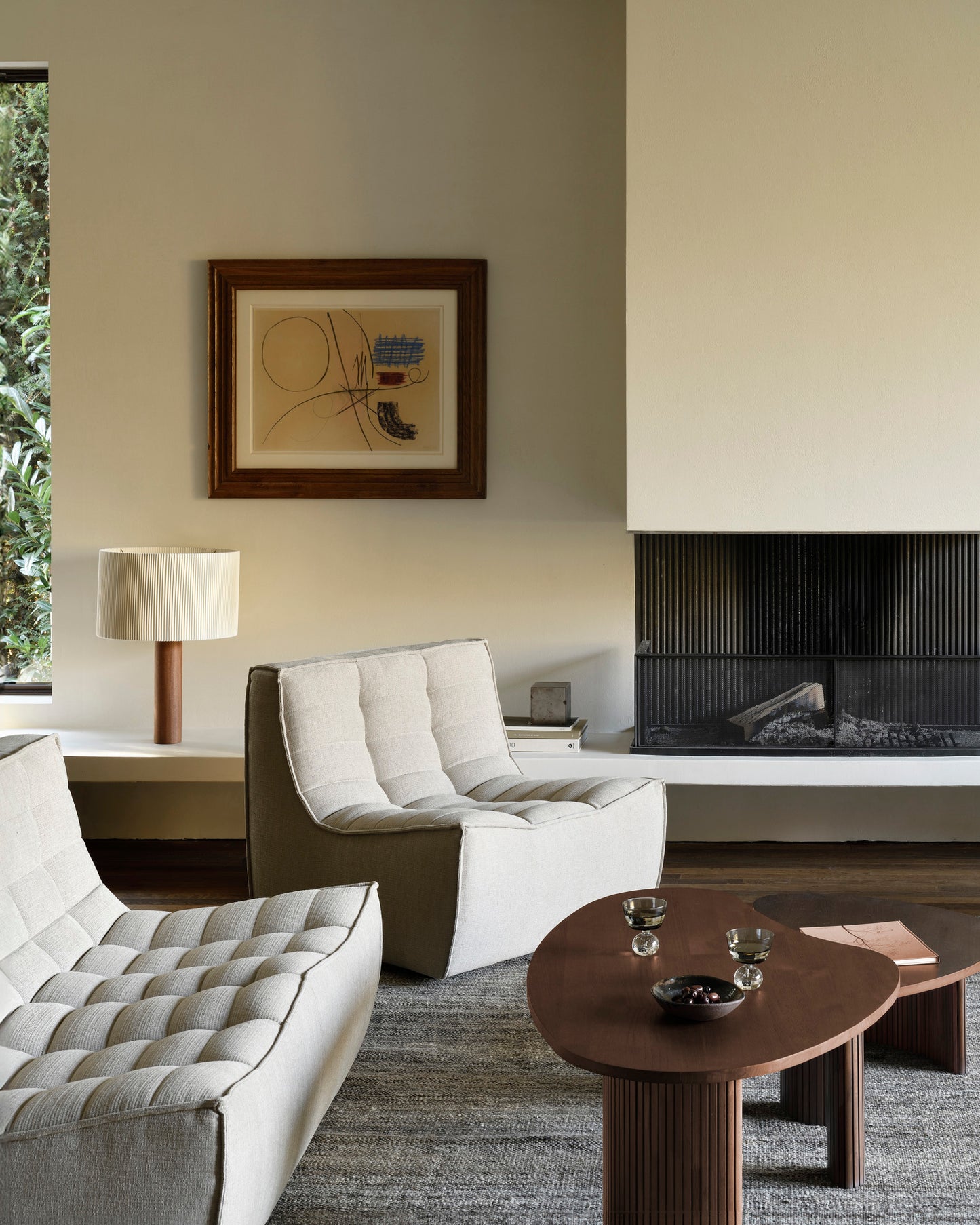 N701-Ecru-Eco-fabric-1seater-2-seater-Boomerang-coffee-table-varnished-teak-brown-Goode-Studio