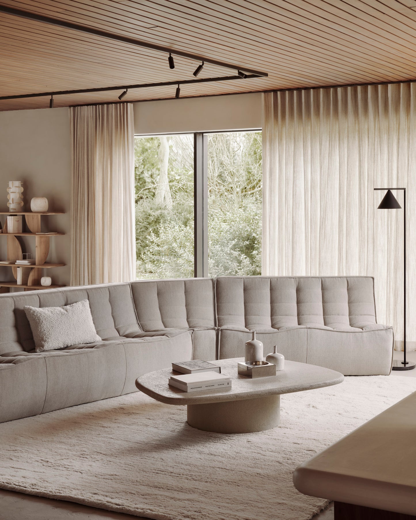 N701-sofa-3-seater-N701-sofa-2-seater-N701-45-round-corner-Ecru-Eco-fabric-Elements-coffee-table-off-white-pebble-shape-Geometric-rack-Dunes-rug-Goode-Studio