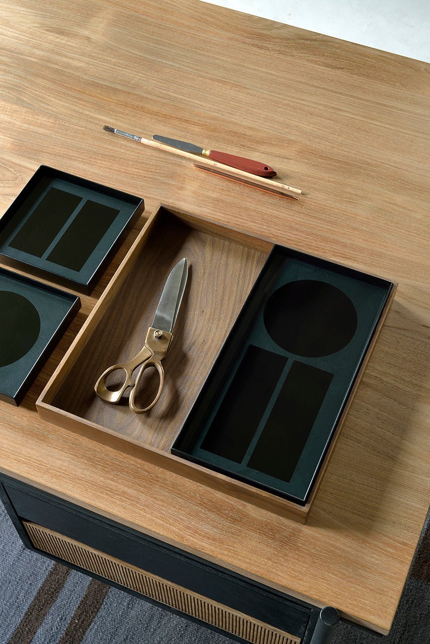 Charcoal-desk-organiser-Blue-Mazandaran-kilim-rug-Teak-Oscar-desk-with-drawers-Goode-Studio