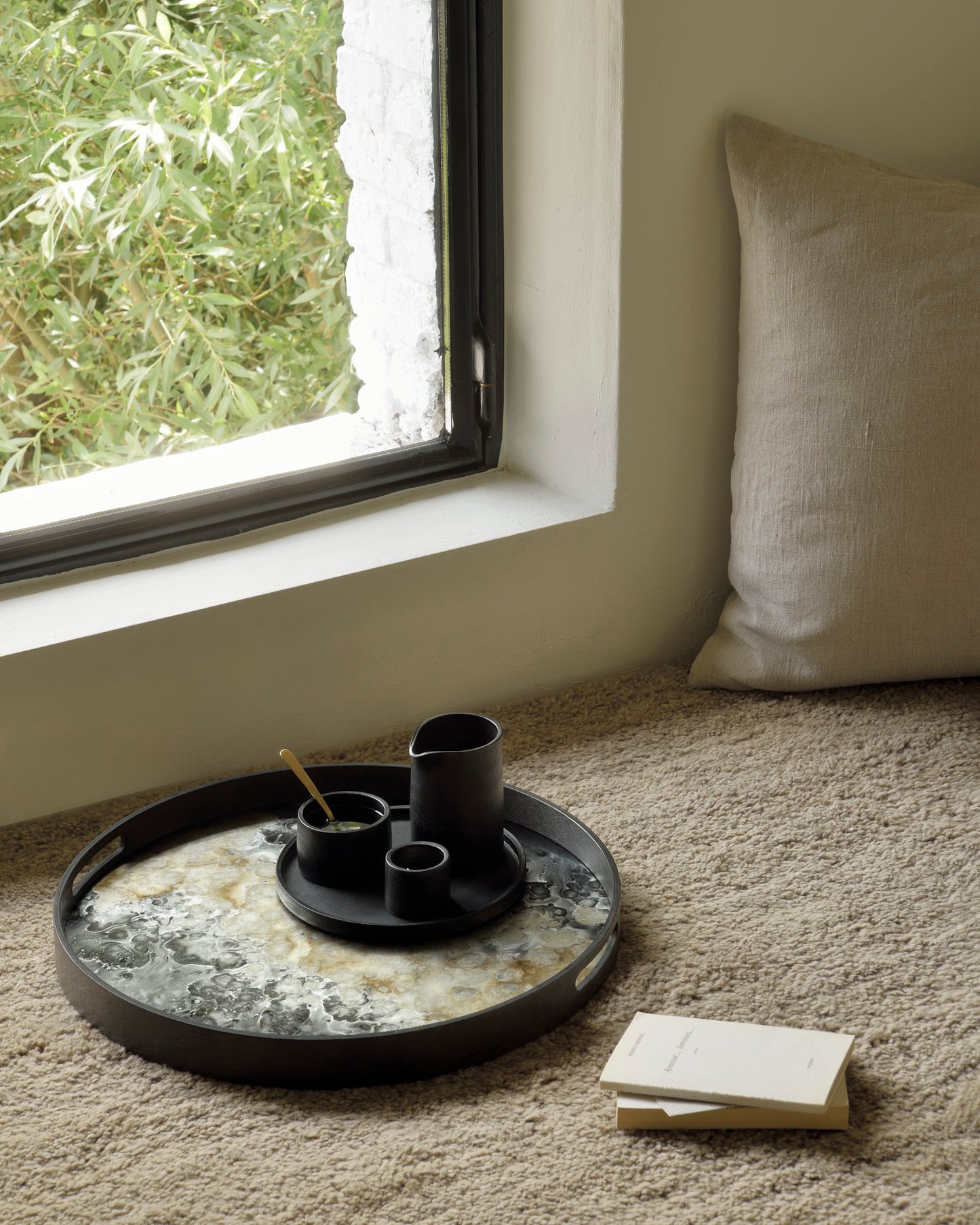 Black-organic-tray-glass-48cm-Cumin-Dunes-rug-Goode-Studio