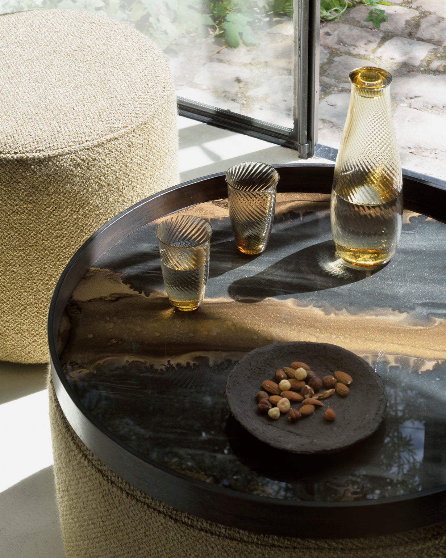 Bronze-organic-tray-glass-Barrow-pouf-ginger-40cm-60Cm-Goode-Studio