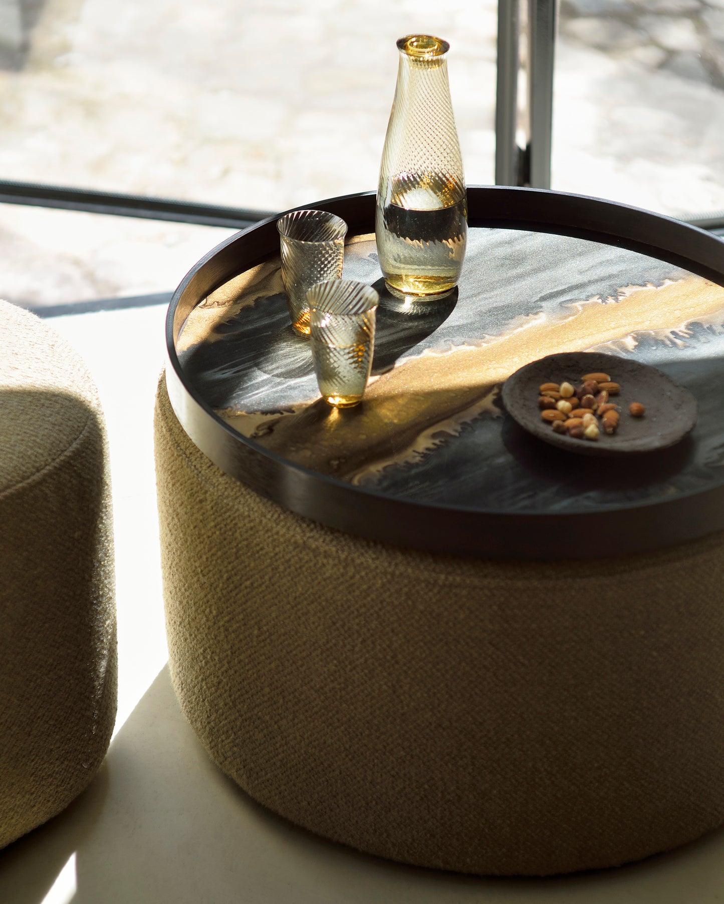 Bronze-organic-tray-glass-Barrow-pouf-ginger-40cm-60Cm-Goode-Studio