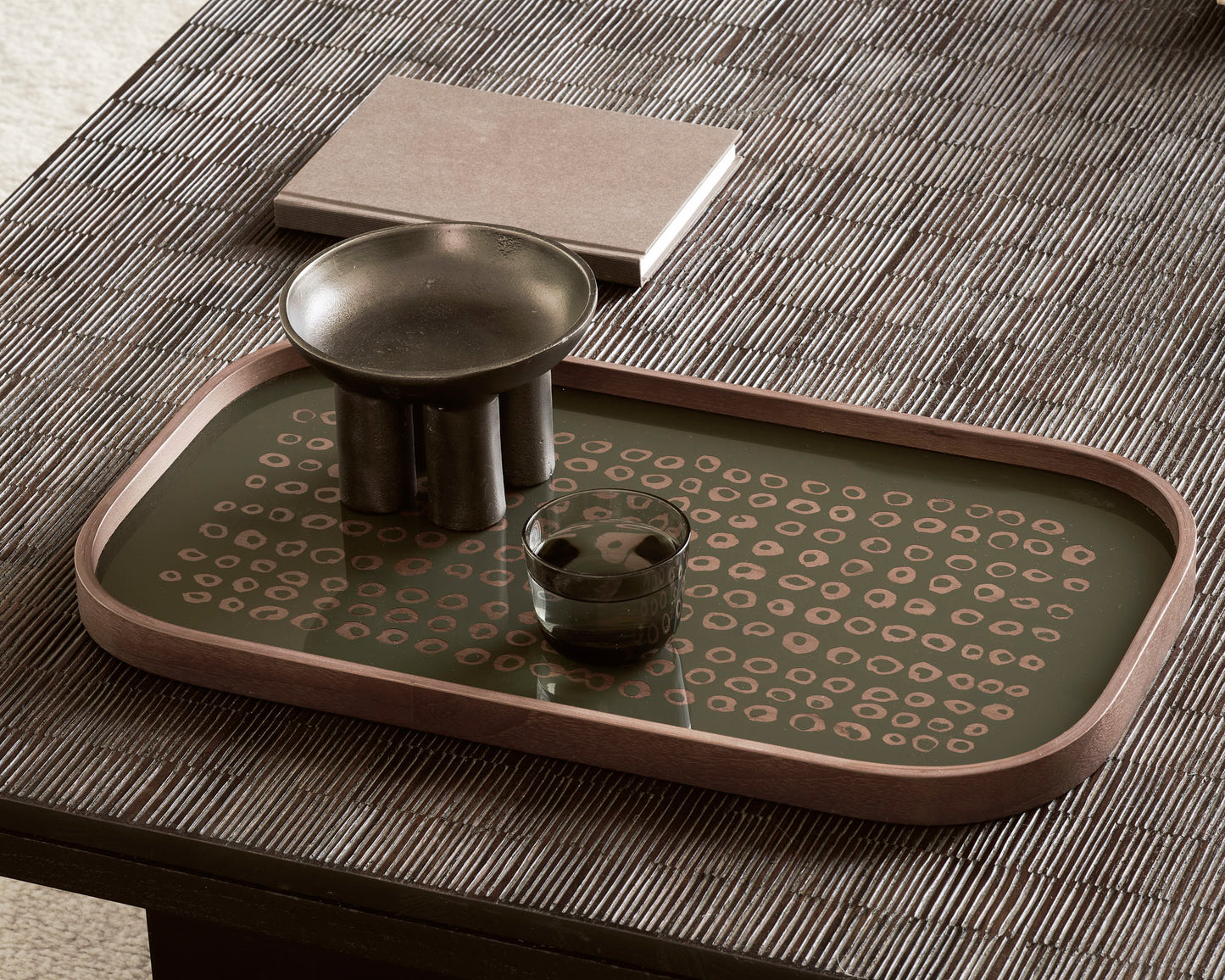 Second Nature valet tray with Grooves coffee table in off black by Goode Studio
