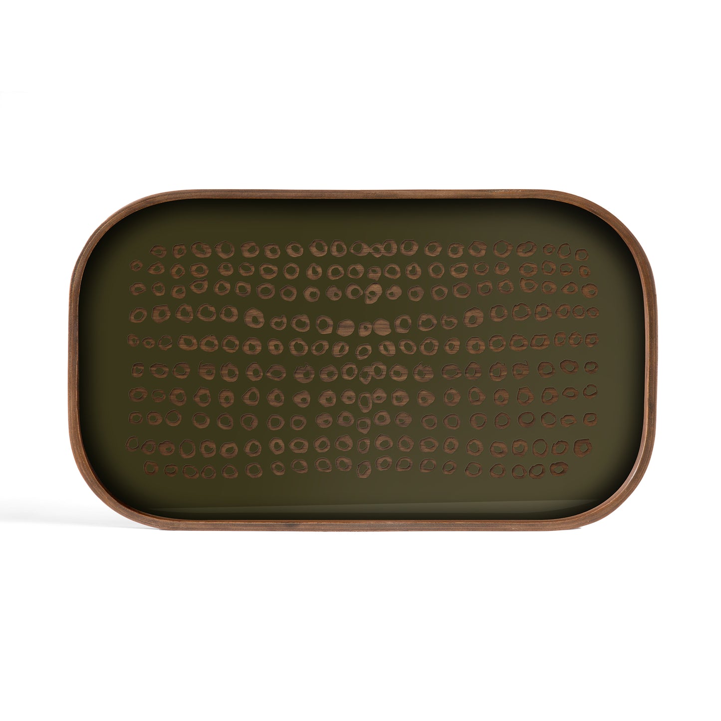 Second Nature valet tray in glass and teak with brown veneer rim rectangular by Goode Studio