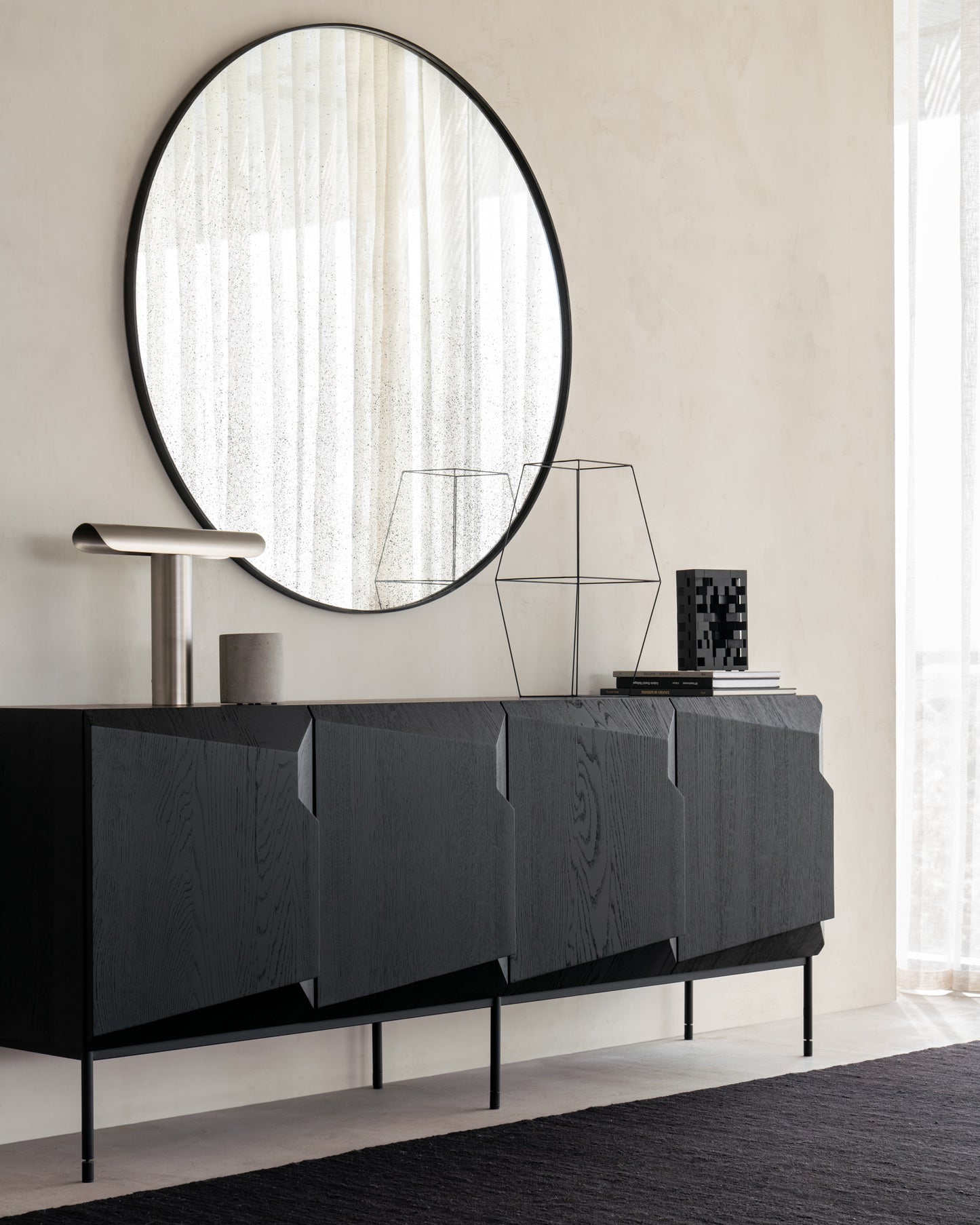 Clear-wall-mirror-121cm-Oak-black-Stairs-sideboard-Black-Urban-house-Object-Dark-chocolate-nomad-kilim-Goode-Studio