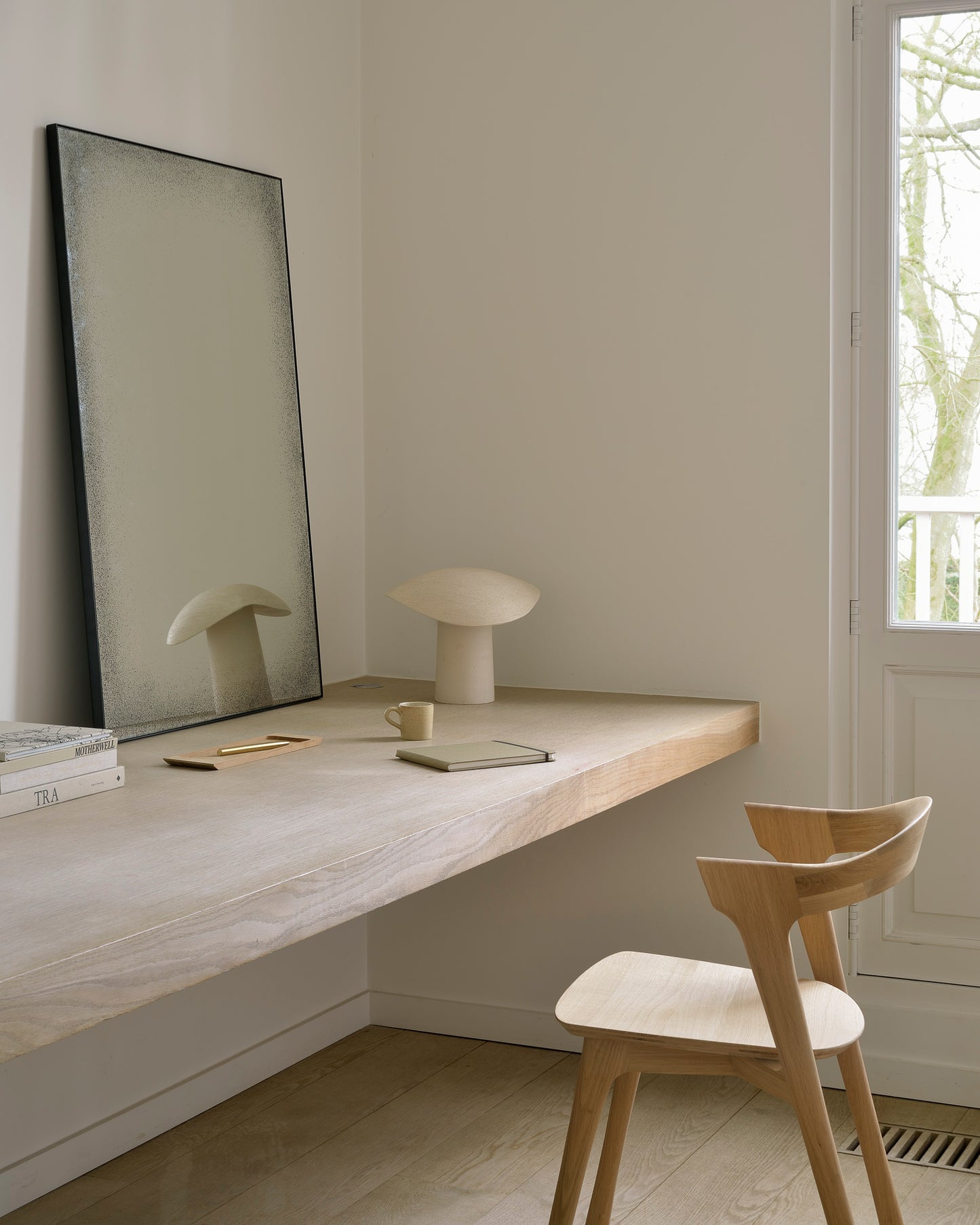 Clear-wall-mirror-Oak-Bok-dining-chair-Goode-Studio