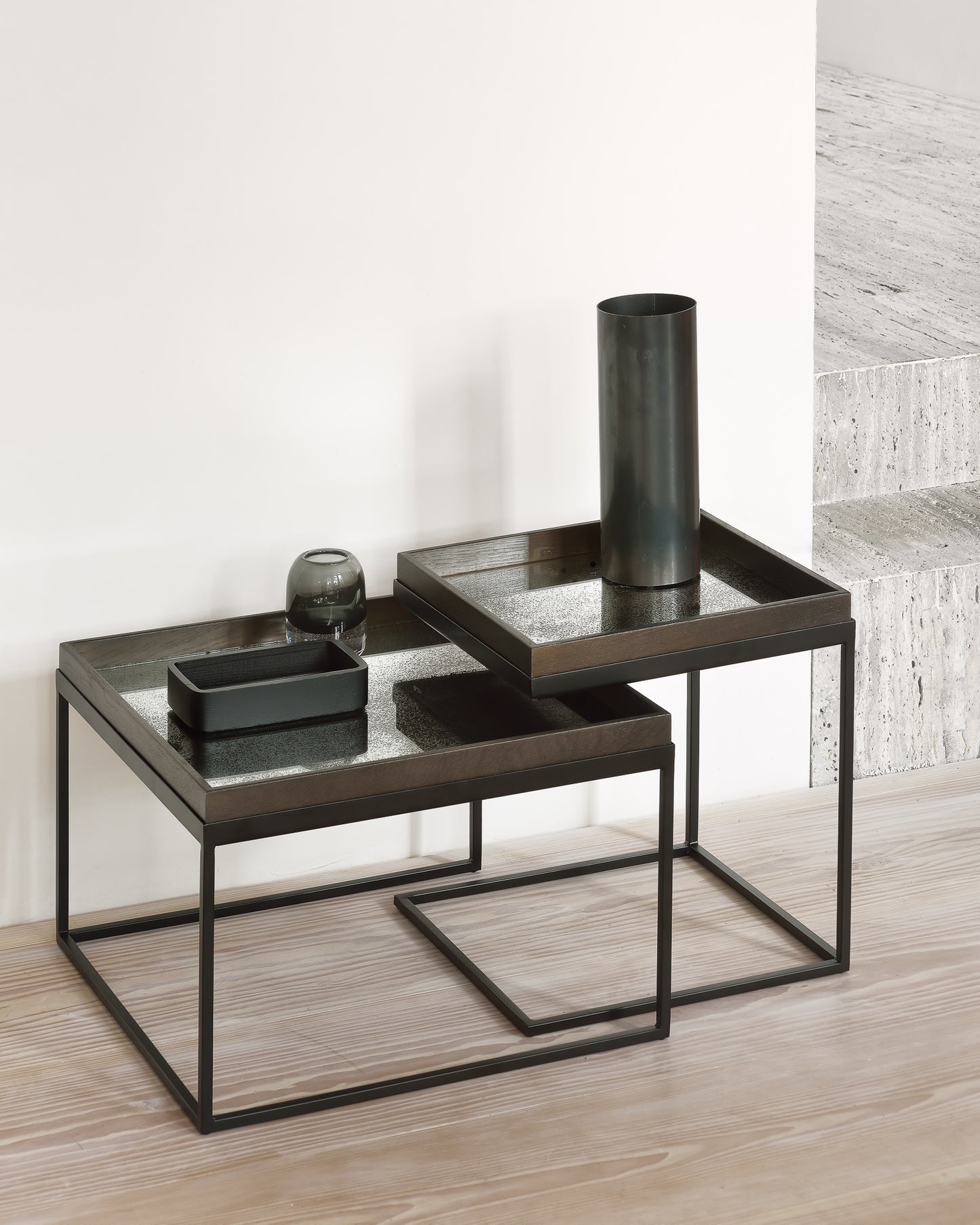 Square-tray-coffee-table-set-Clear-mirror-tray-square-S-Clear-mirror-tray-square-L-Goode-Studio