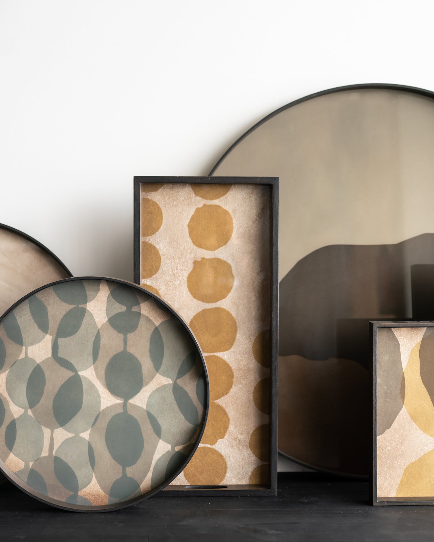 Graphite-Combined-Dots-glass-Connected-Dots-glass-tray-Sienna-Dots-glass-tray-Cinnamon-Overlapping-Dots-glass-tray-Goode-Studio