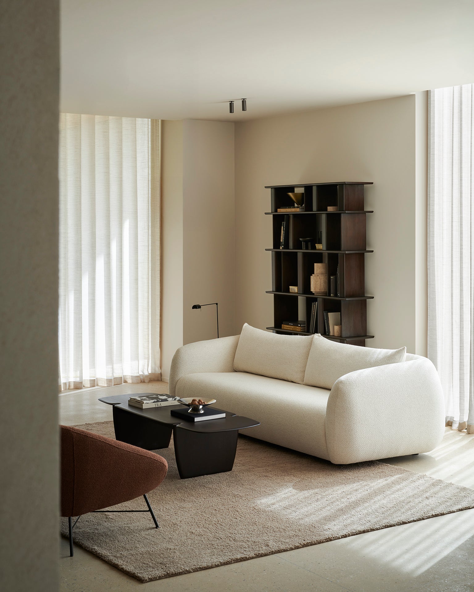 Contour-sofa-3-seater-Chalk-PI-coffee-table-Dark-Brown-Barrow-lounge-chair-Copper-Block-rack-Espresso-Matte-Goode-Studio