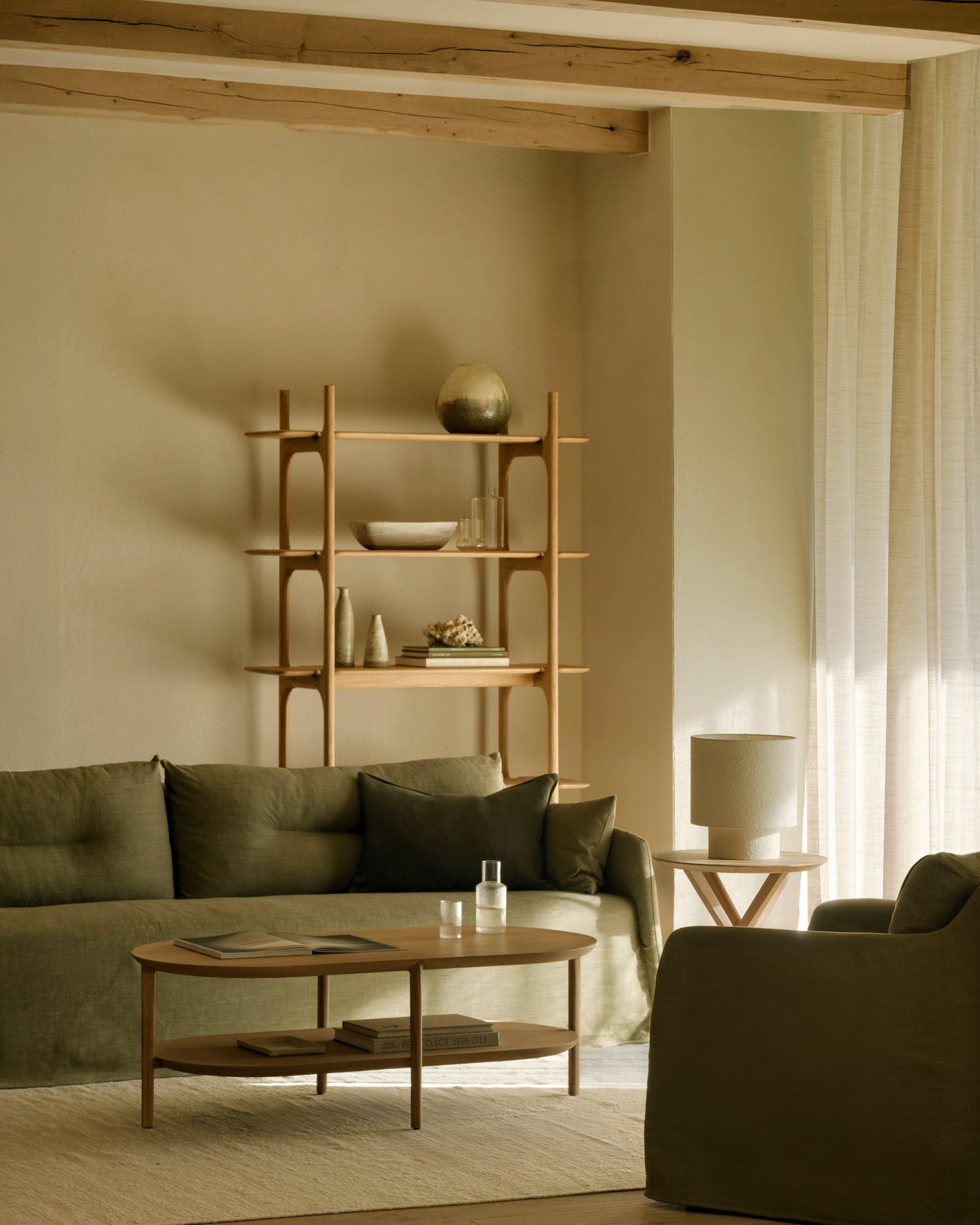 Weave-lounge-chair-Green-Weave-sofa-Green-Nomad-kilim-rug-PI-rack-oak-PI-rack-oak-Mikado-side-table-PI Rack oak-Bok-coffee-table-oak-Goode-Studio