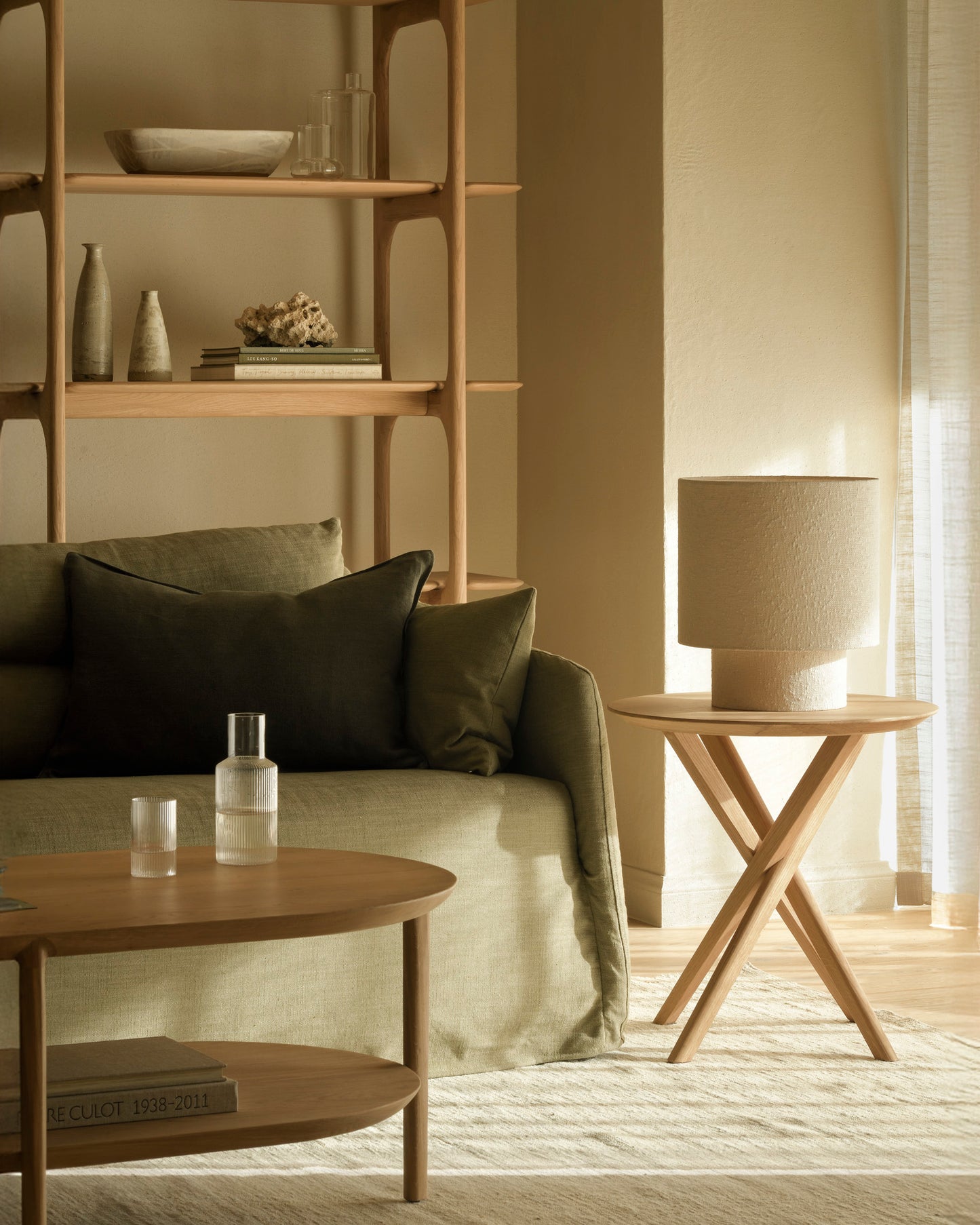 Weave sofa-Green-Nomad-kilim-rug-PI-rack-oak-Mikado-side-table-oak-Bok-coffee-table-oak-Goode-Studio
