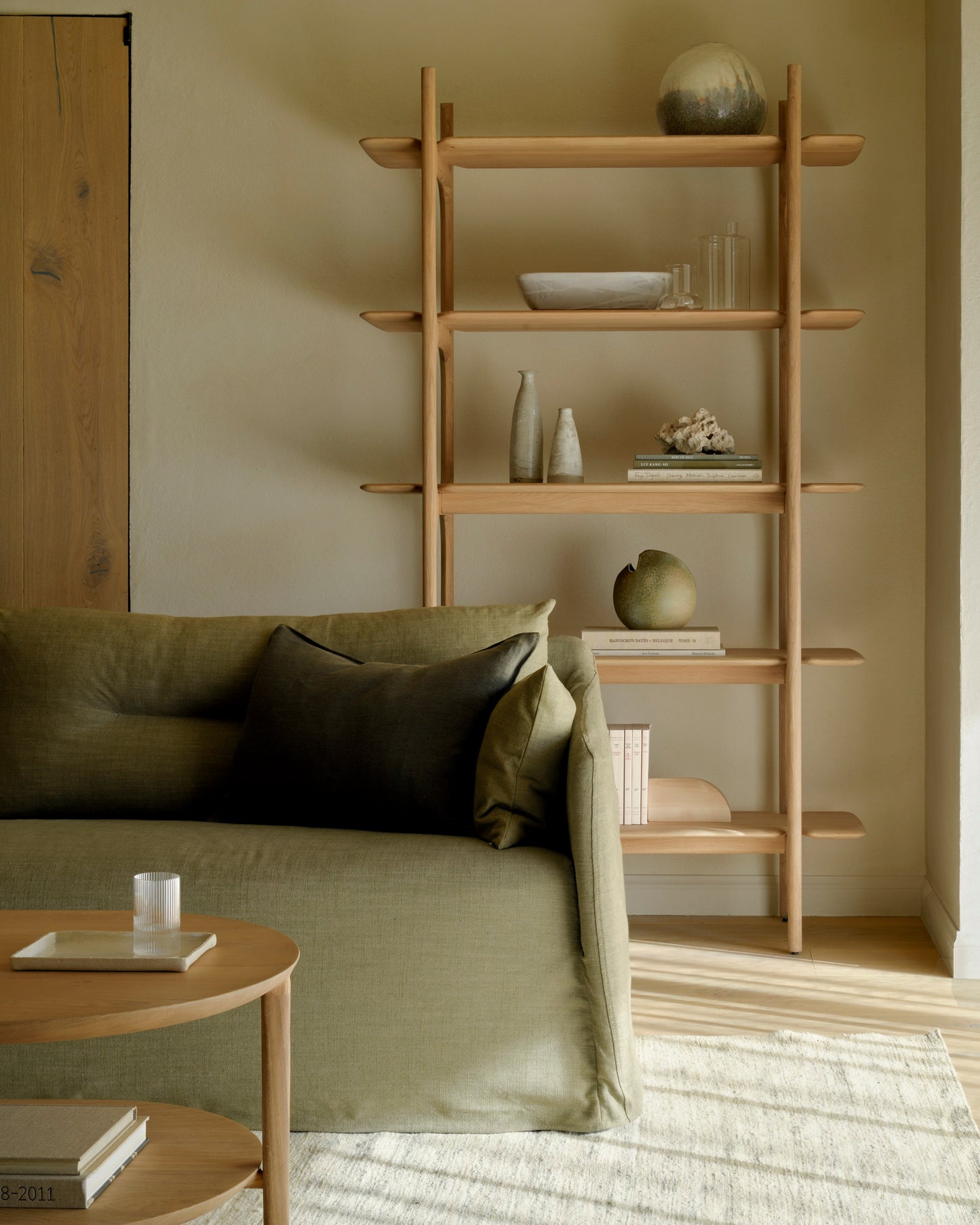 Weave-sofa-Green-Nomad-kilim-rug-PI Rack-oak-PI-rack-oak-Bok-coffee-table-oak-Goode-Studio