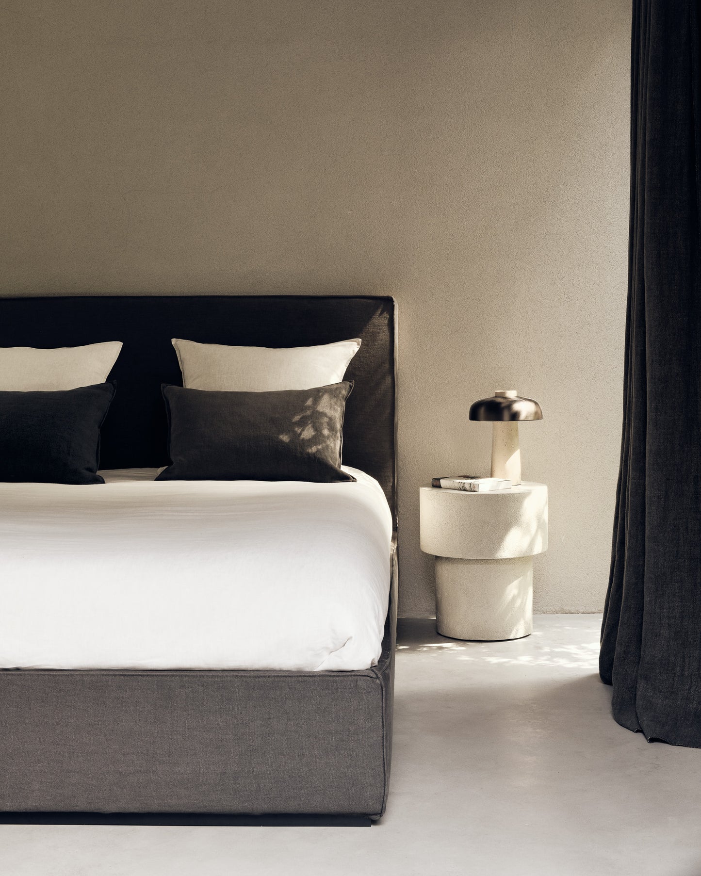 Revive-bed-removable-cover-grey-linen-Elements-side-table-microcement-mushroom-shape-off-white-Goode-Studio