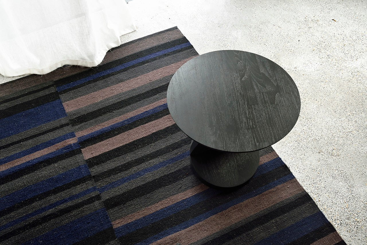 Cobalt-kilim-rug-Teak-Oblic-black-side-table-Goode-Studio