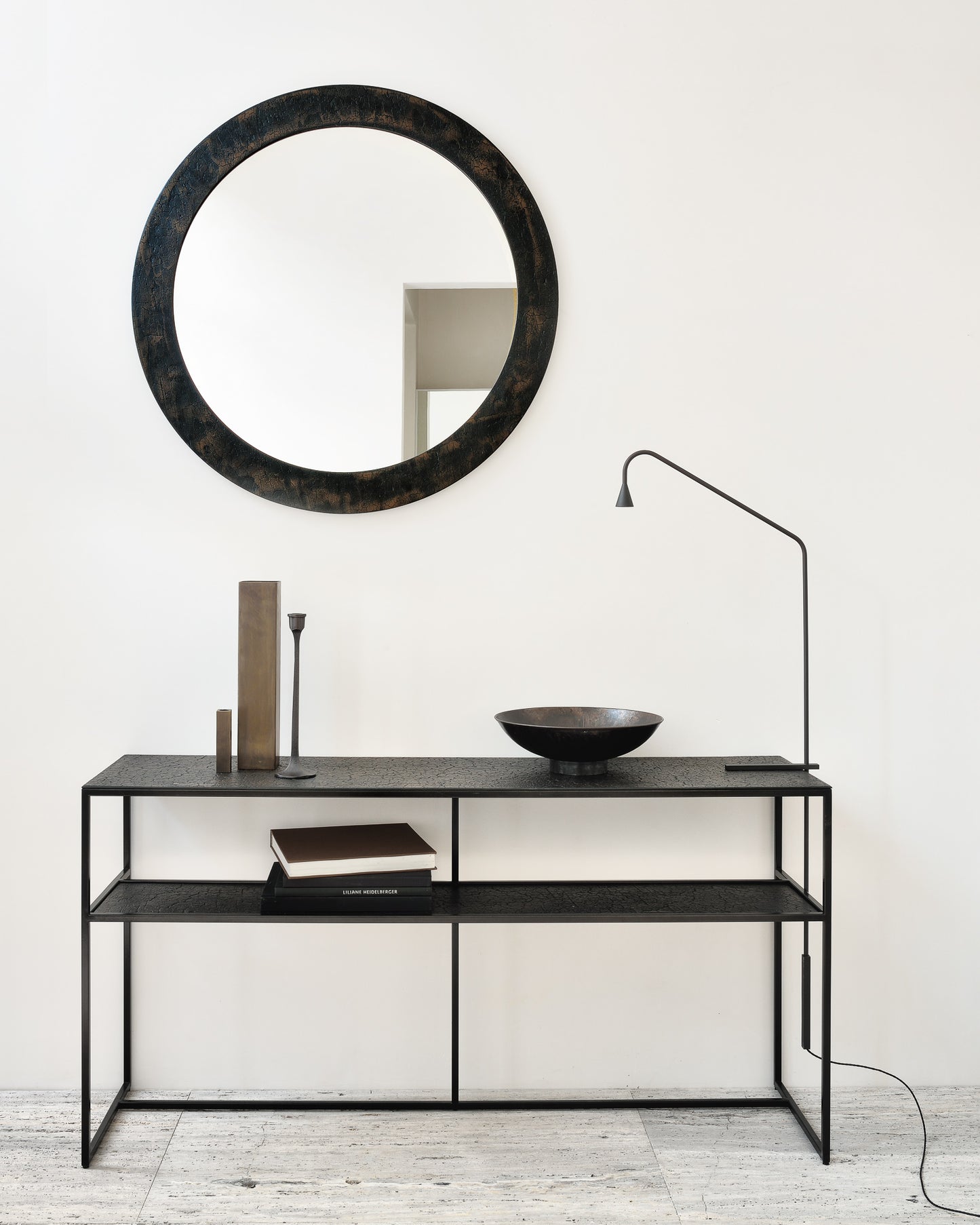 Pentagon-console-lava-whisky-Umber-Sphere-wall-mirror-Goode-Studio