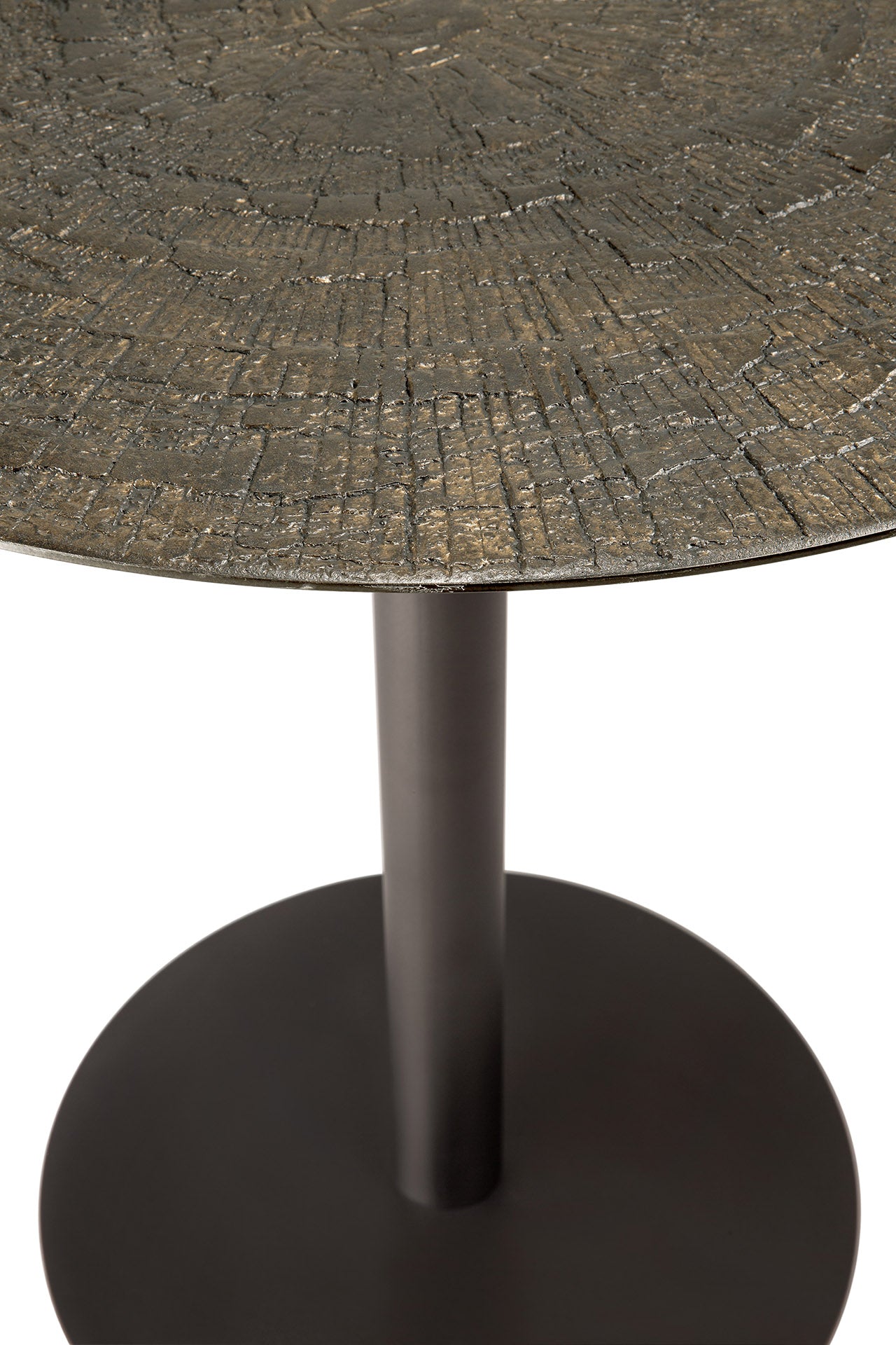Round table with a dark bronze metal base on a white background
