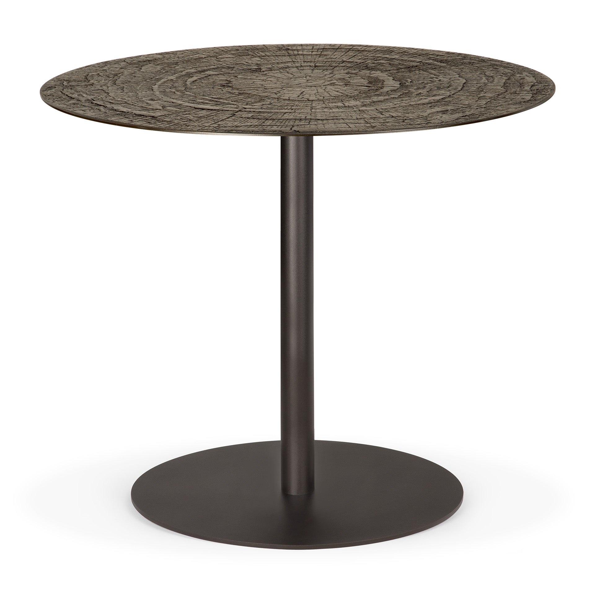 Blend-dining-table-varnished-Minerals-Ray-Whisky-top-round-with-base-metal-Dark-Bronze-front-cut-Goode-Studio