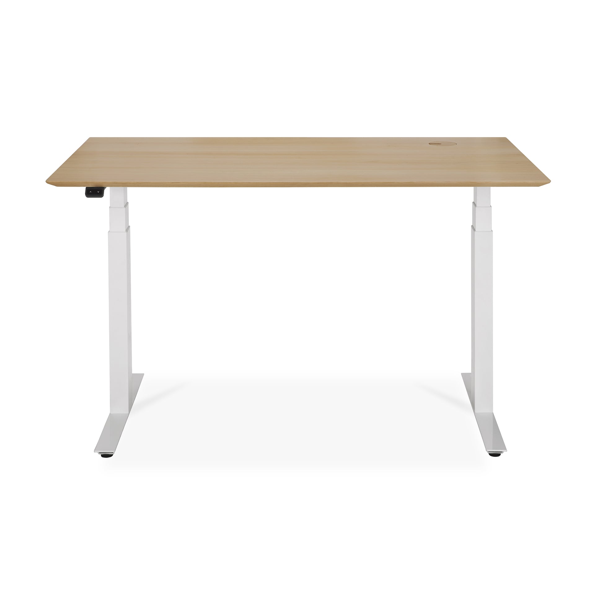 Bok-adjustable-desk-varnished-oak-top-white-base-rectangular-with-cable-management-EU-140-front-cut-Goode-Studio