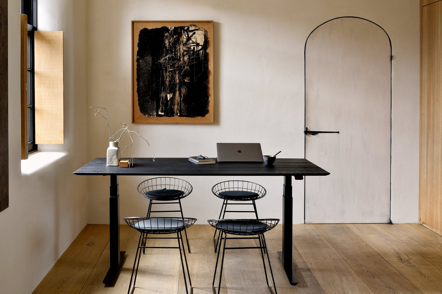 Oak-Black-adjustable-desk-black-legs-Oak-black-Osso-stool-horizontal-Goode-Studio