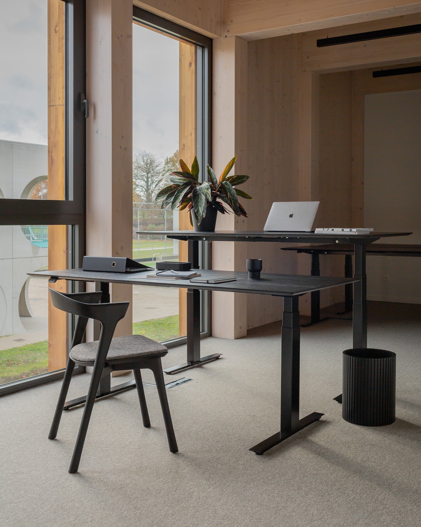 Oak-Bok-black-dining-chair-grey-Black-Roller-Max-waste-paper-basket-Oak-black-table-top-Black-metal-frame-Goode-Studio