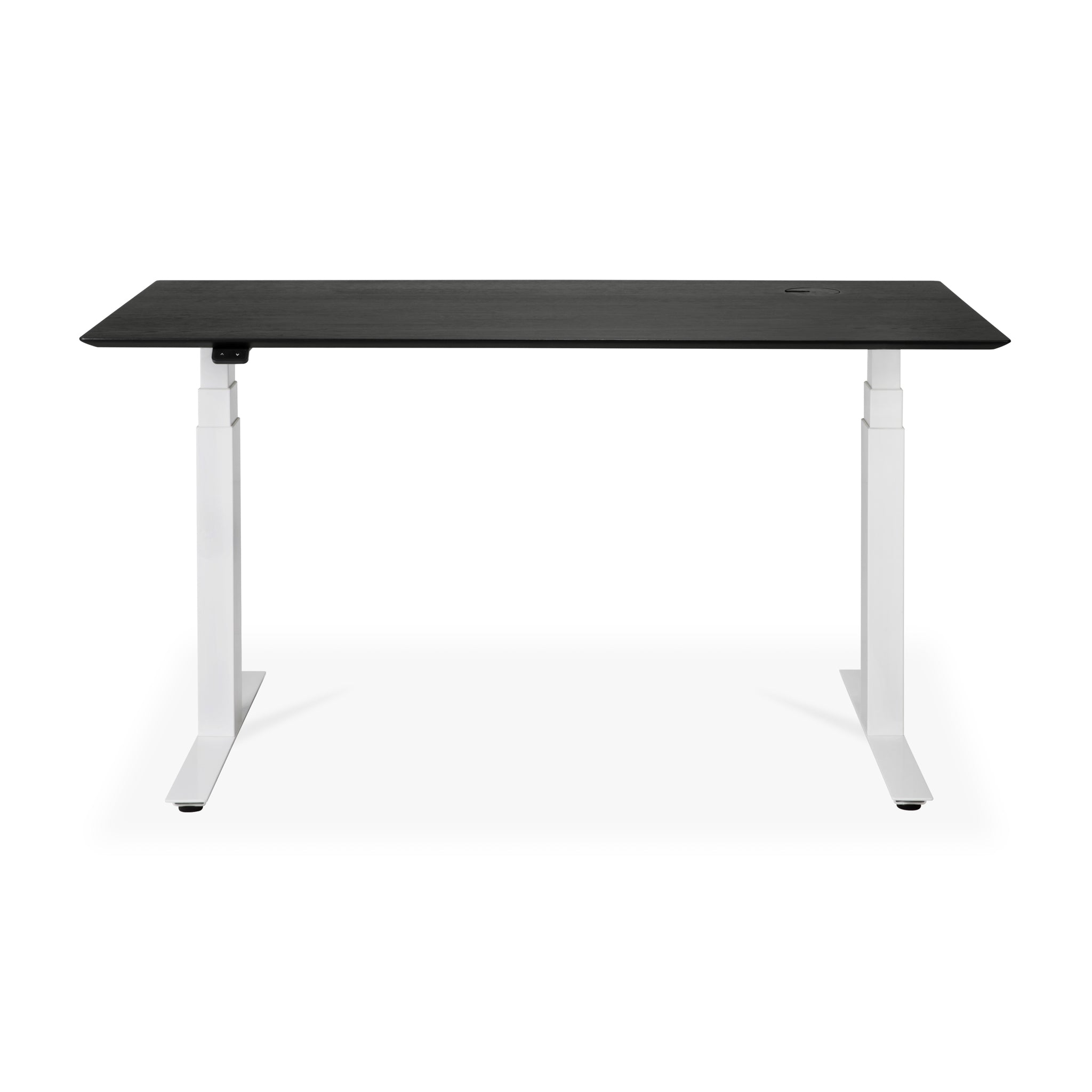 Bok-adjustable-desk-varnished-oak-black-top-white-base-rectangular-with-cable-management-EU-140-front-cut-Goode-Studio