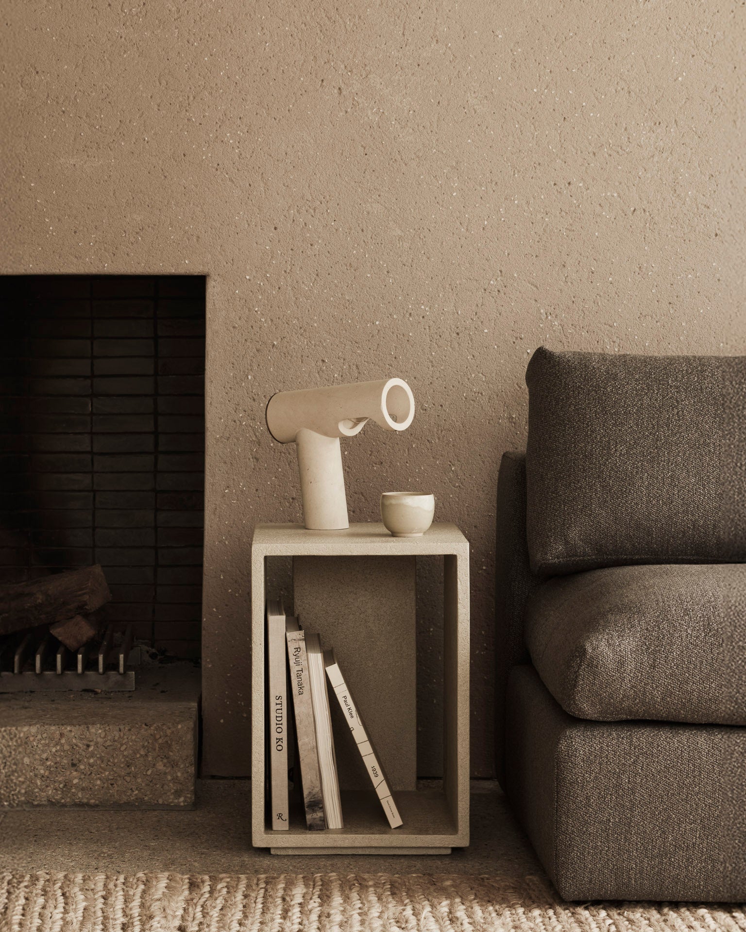 Elements-side-table-varnished-Microcement-Off-White-Mellow-modular-sofa-Granite-Eco-fabric-1-seater-Goode-Studio