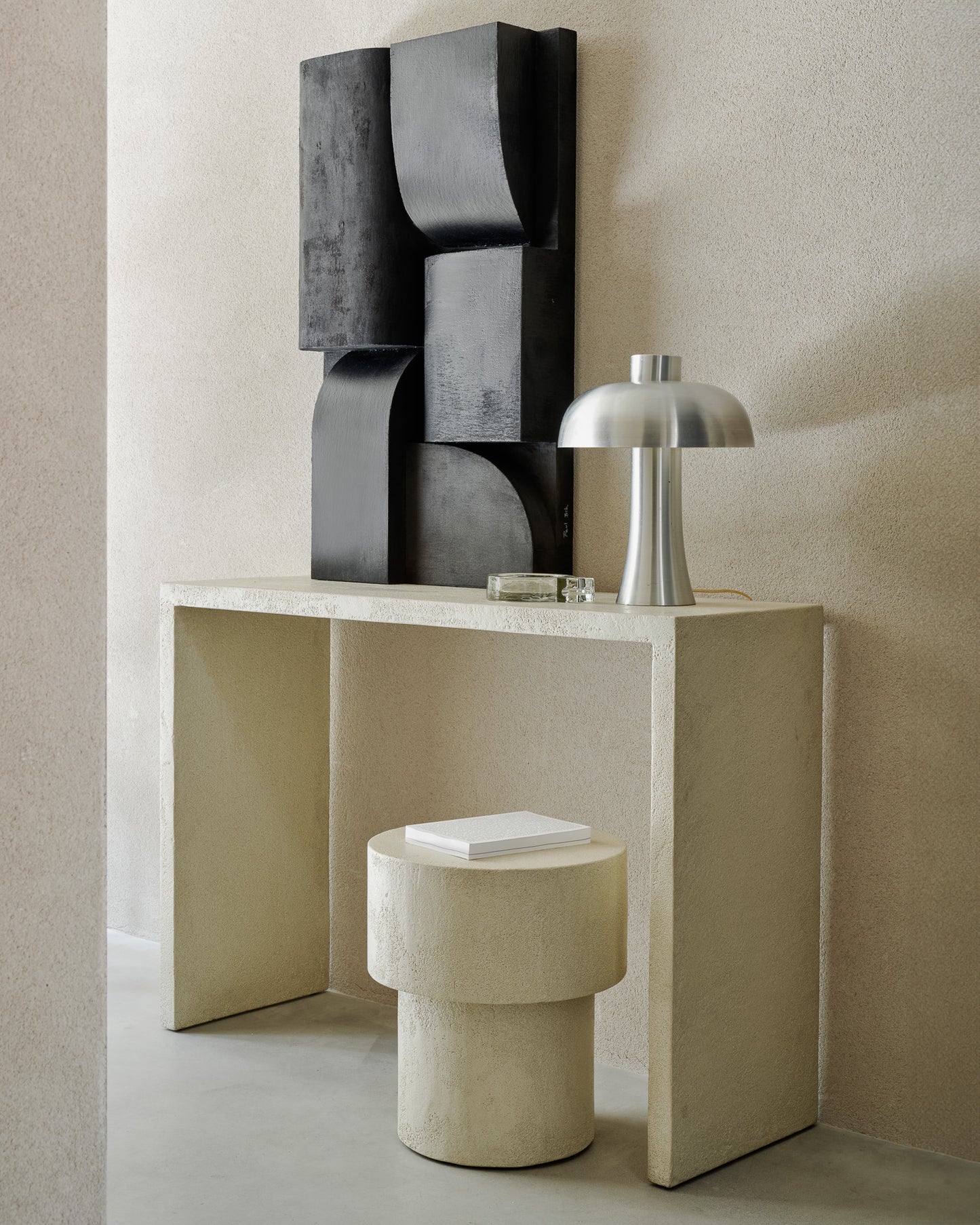 Elements-console-microcement-off-white-Elements-side-table-microcement-mushroom-shape-off-white-Goode-Studio